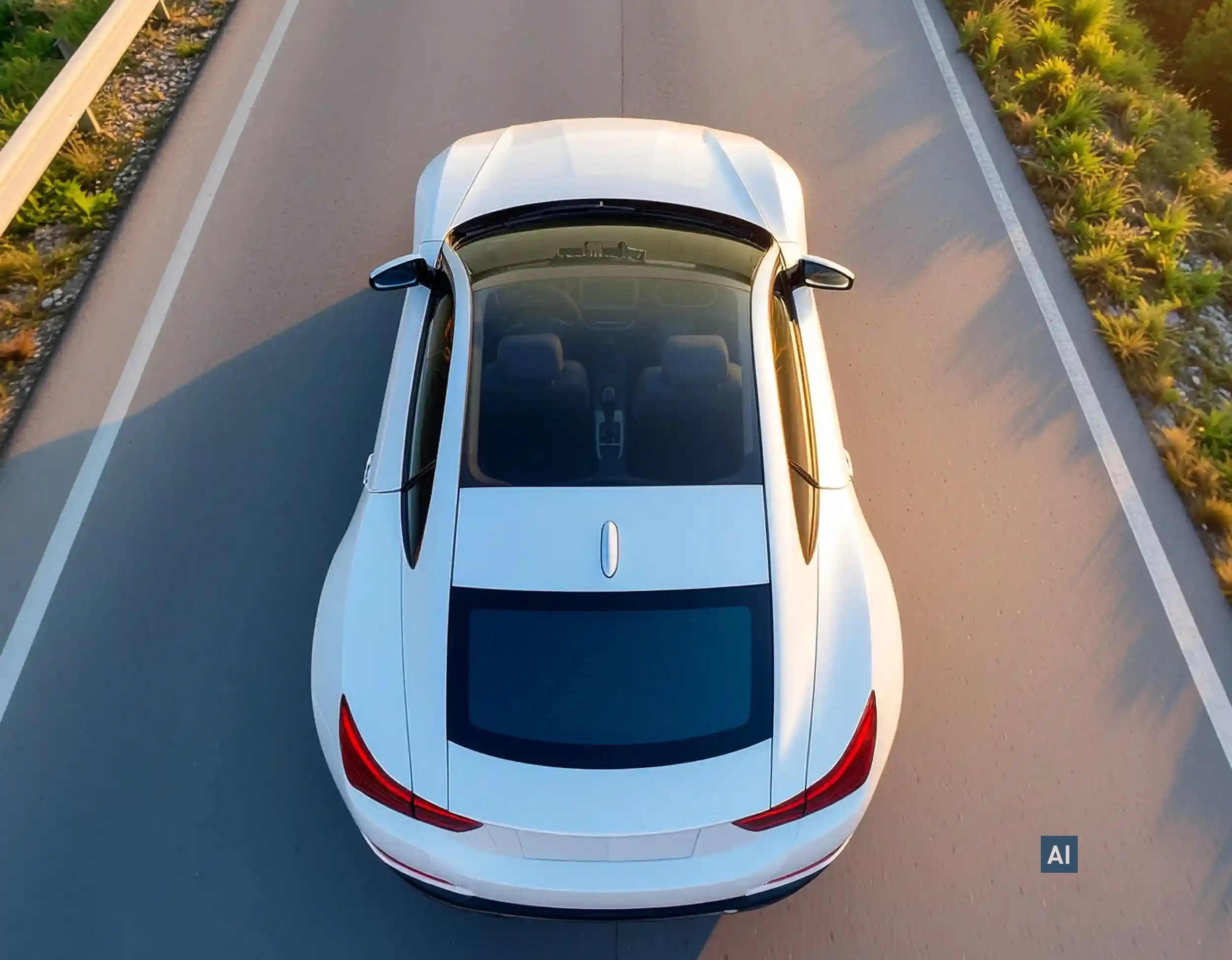 Vogelperspektive auf weißes Coupé mit tiefschwarz getöntem Panoramadach dank HAVERKAMP Ceramic Bond 05.