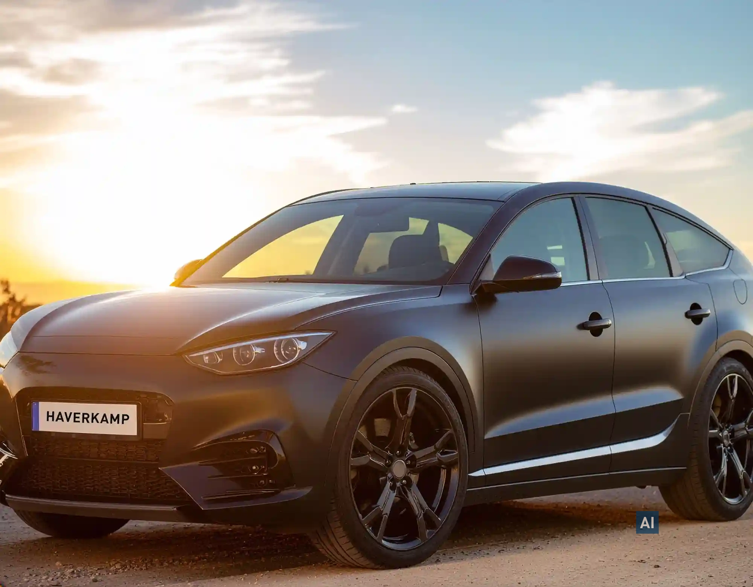 Schwarzer SUV bei Sonnenuntergang; die Scheiben sind dezent geschützt mit HAVERKAMP Ceramic Bond 50.