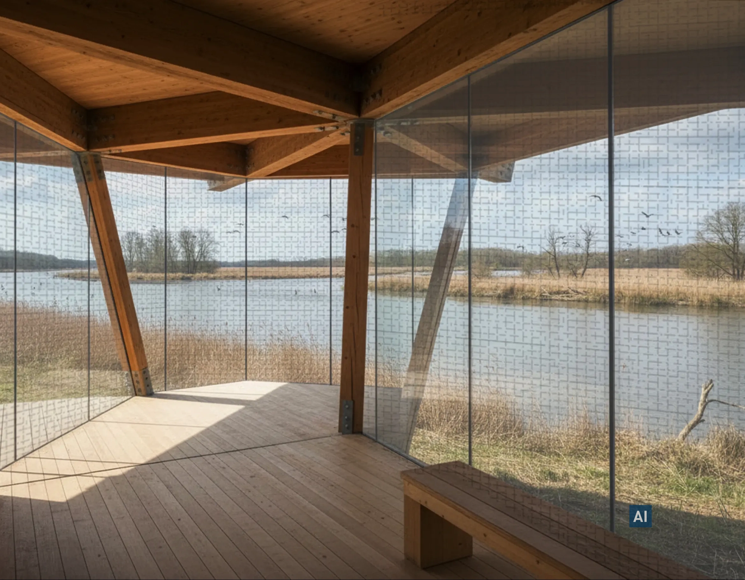 Aussichtsplattform mit Haverkamp birdsafe® Vogelschutzfolie Greenline Design 01 vor einem breiten Flusslauf.