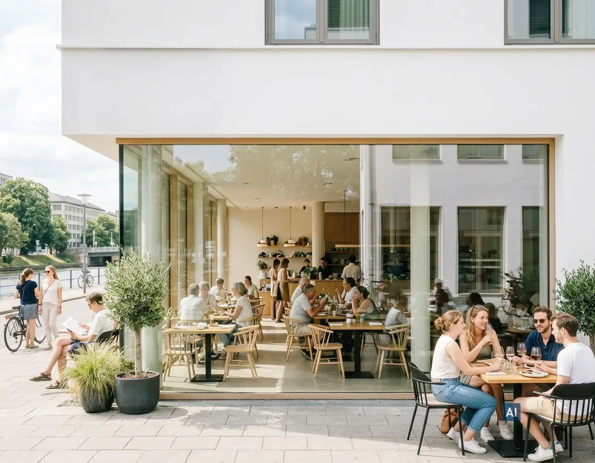 Modernes Eckcafé mit Glasfront foliert mit Haverkamp safe 175µ SR Primus, Gäste im Innenraum und im Außenbereich. 