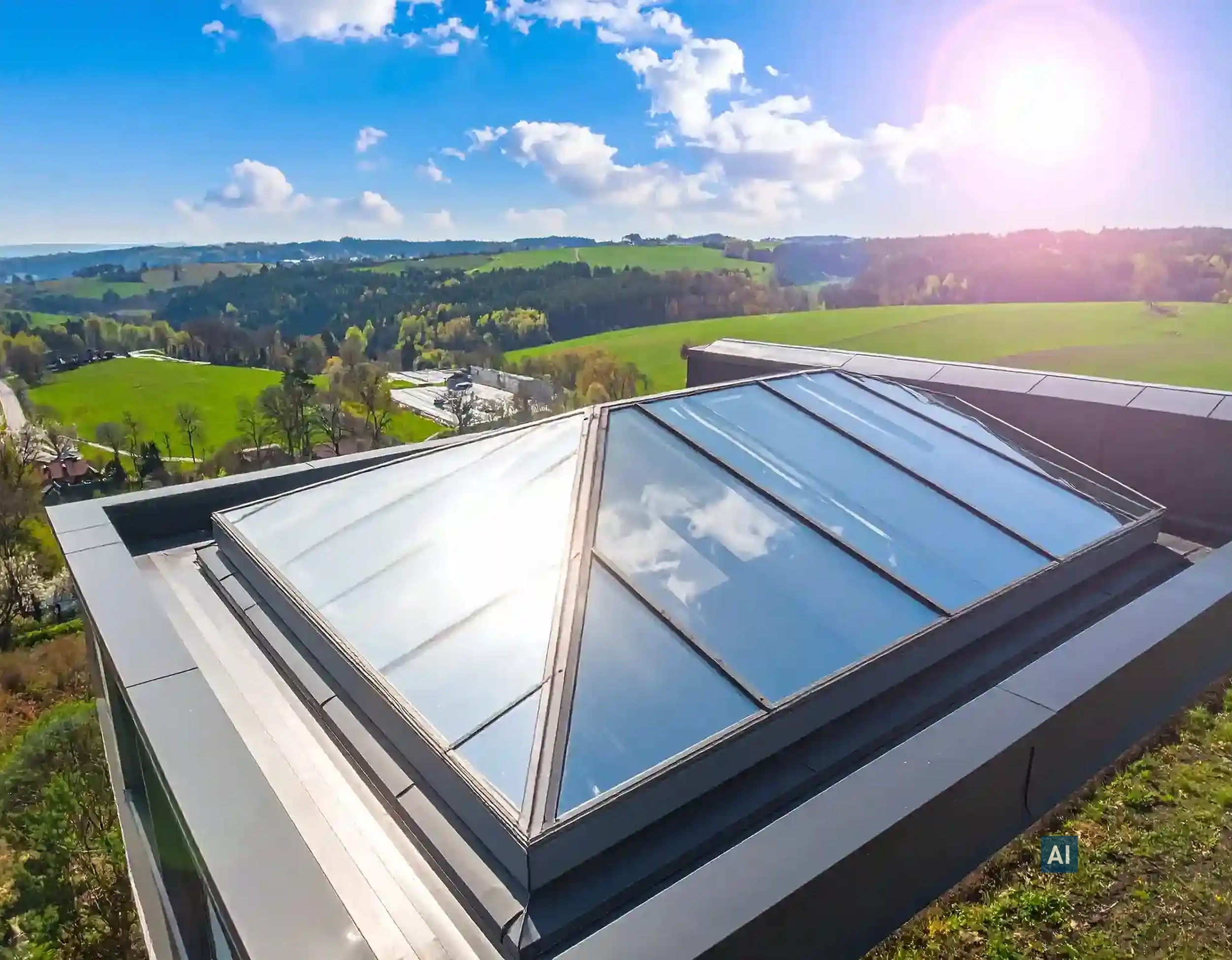 Pyramidenförmiges Dachfenster mit Haverkamp Silber Hell 50R SR Primus Plus Sonnenschutzfolie bei direkter Sonne.