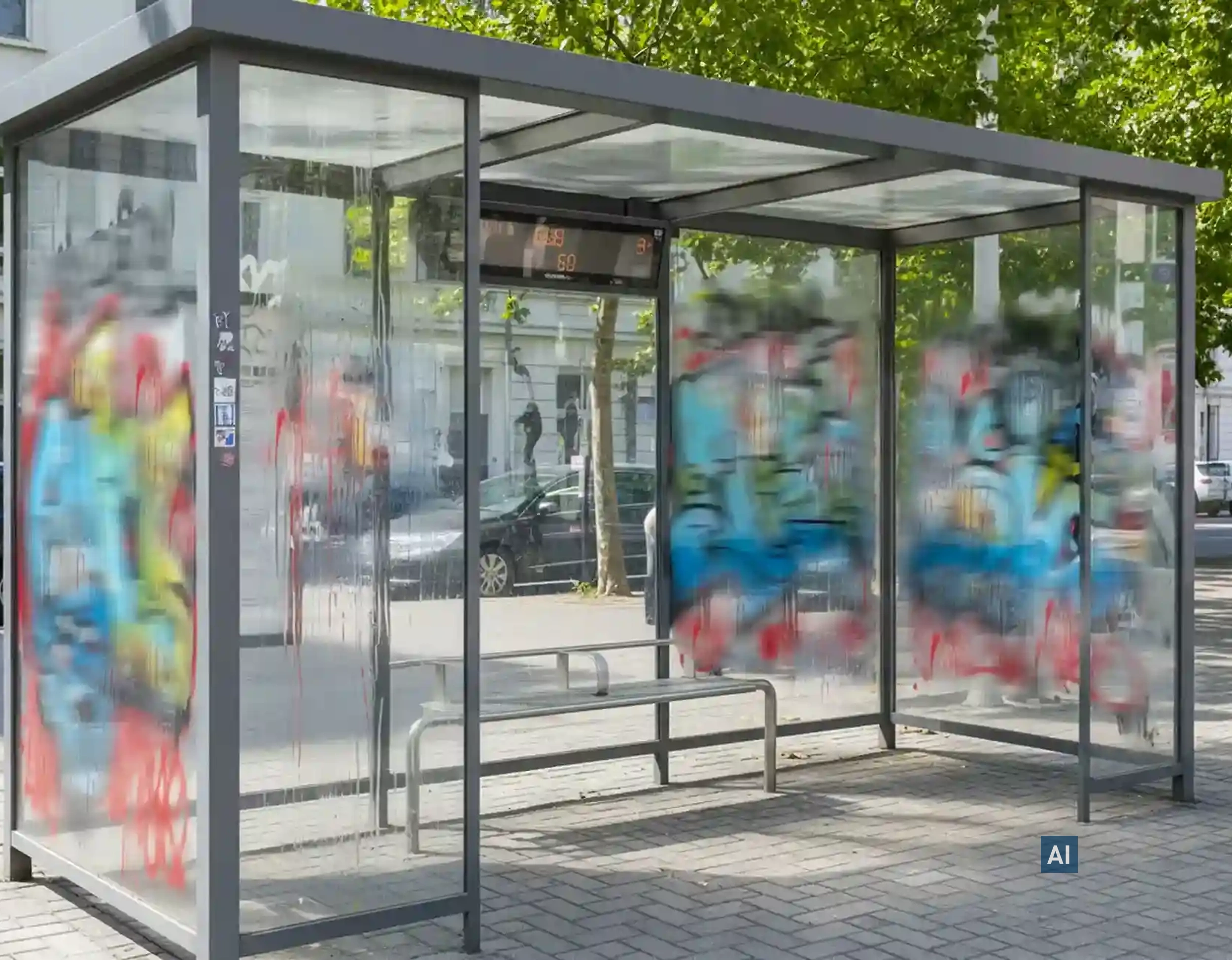 Bushaltestelle mit Glaswänden, geschützt durch Haverkamp Anti-Vandalismus-Folie klar für Glas, im städtischen Umfeld.