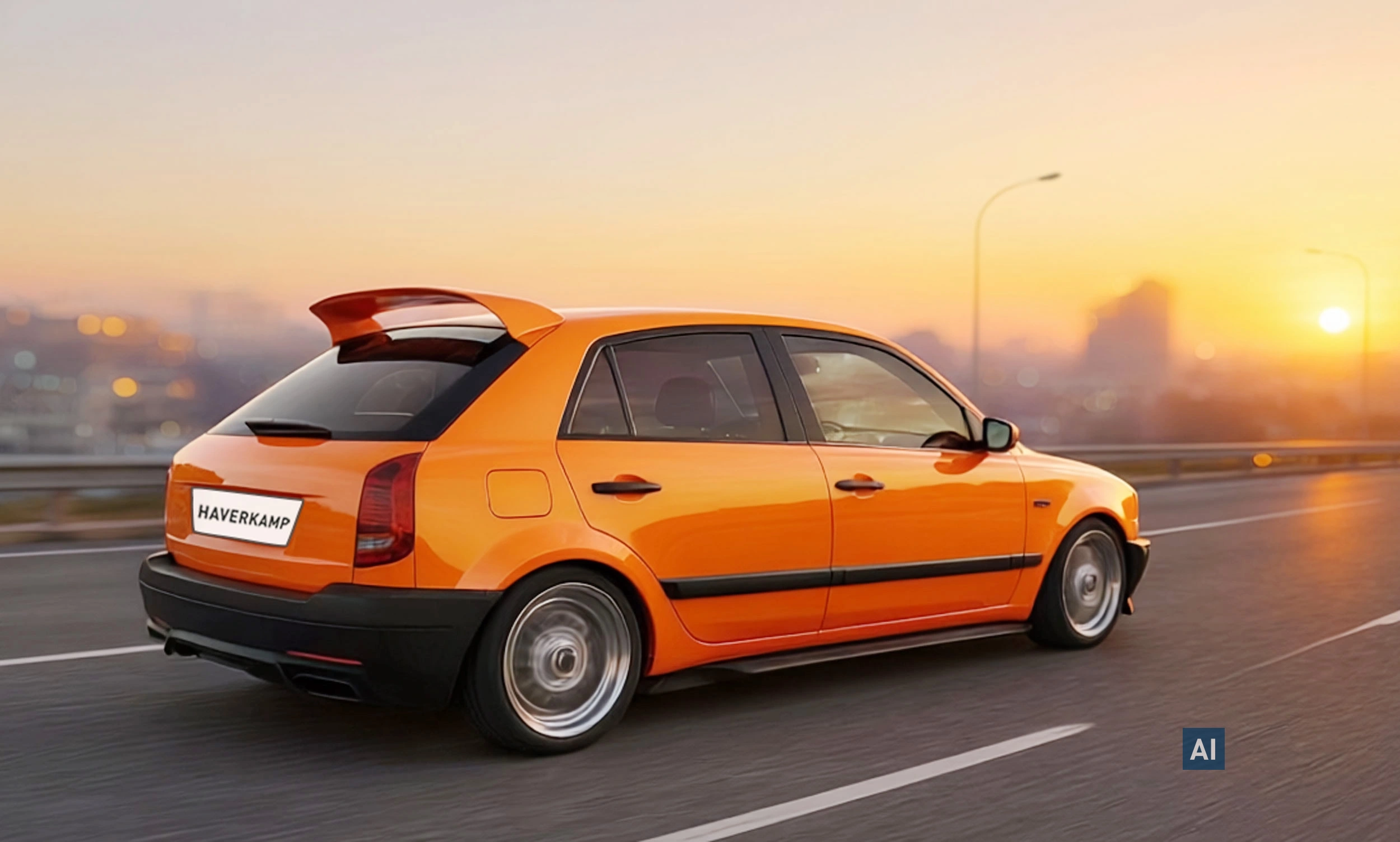 Orangefarbenes Auto bei Sonnenuntergang mit dunkel getönten Scheiben durch HAVERKAMP Royal Bond 05 Folie.