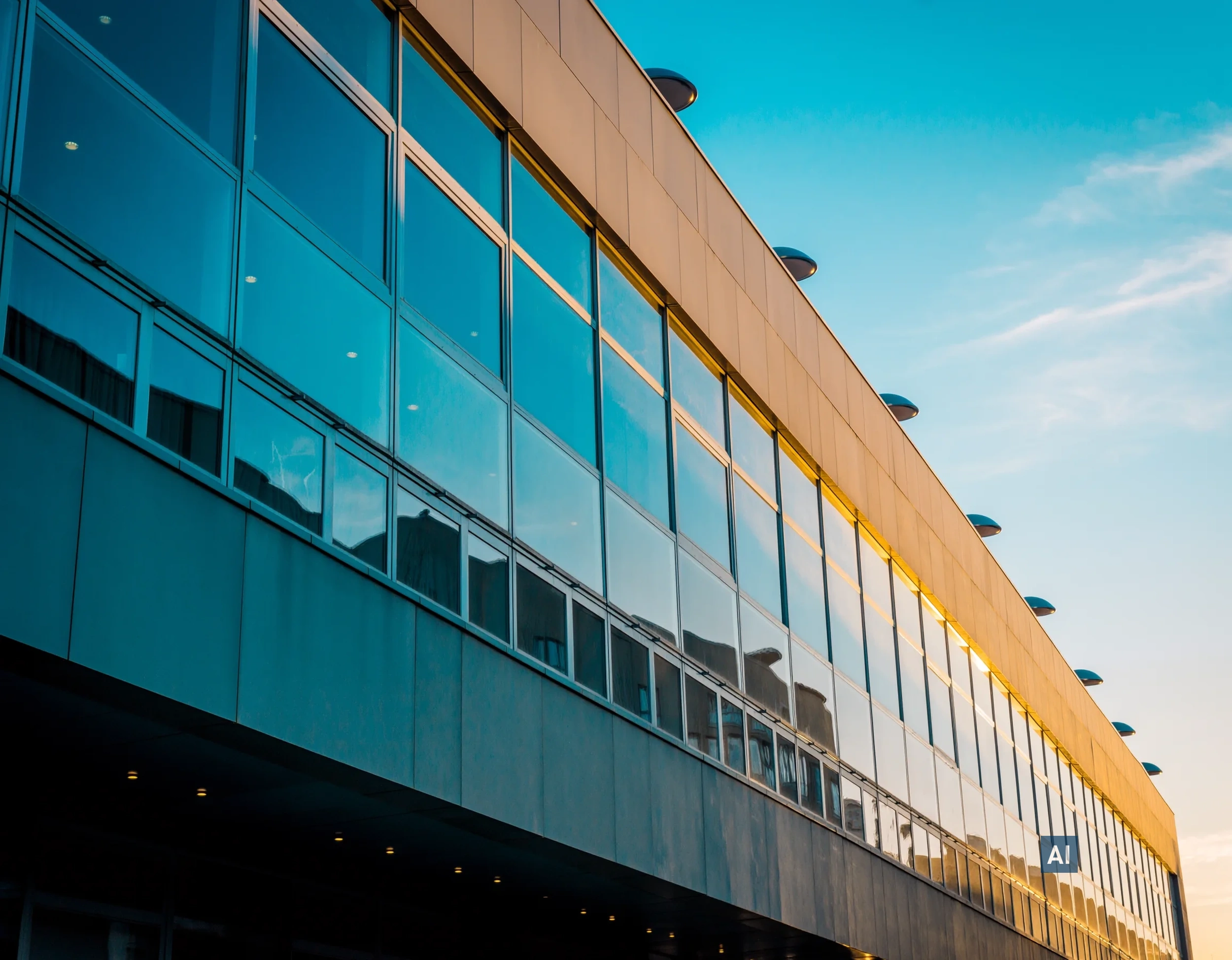 Moderne Büro-Fassade mit der leicht spiegelnden Haverkamp Silber 35R SR Sonnenschutzfolie.