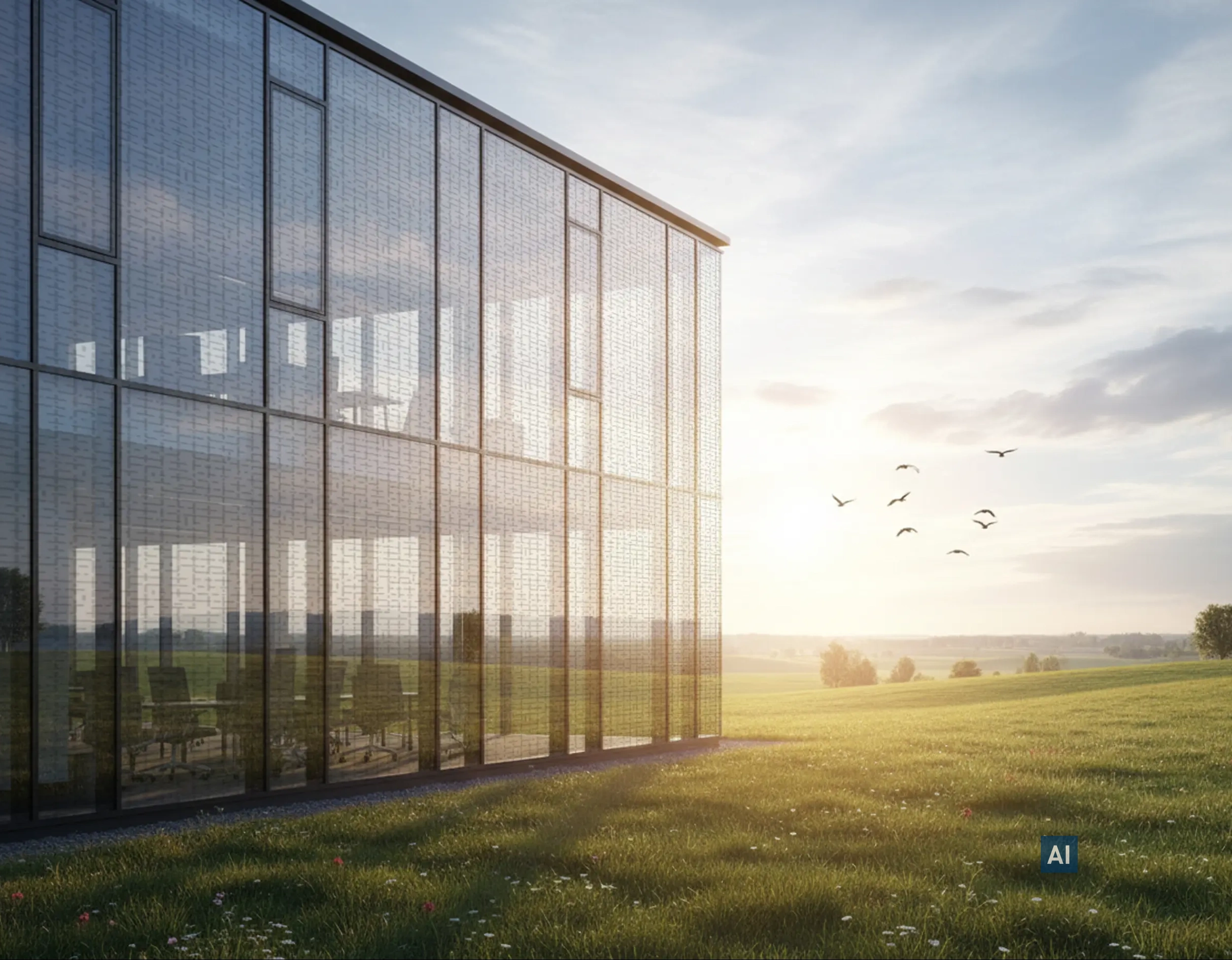Modernes Büro mit Haverkamp Birdsafe black interieur auf den Scheiben vor einer Wiese und fliegenden Vögeln.