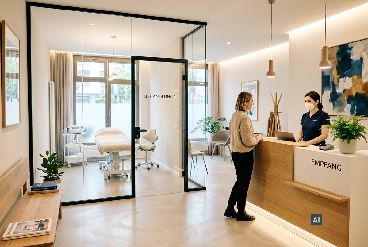 Haverkamp ClickFilm® reverse im transparenten Zustand an Glaswand von Behandlungsraum neben Empfang.