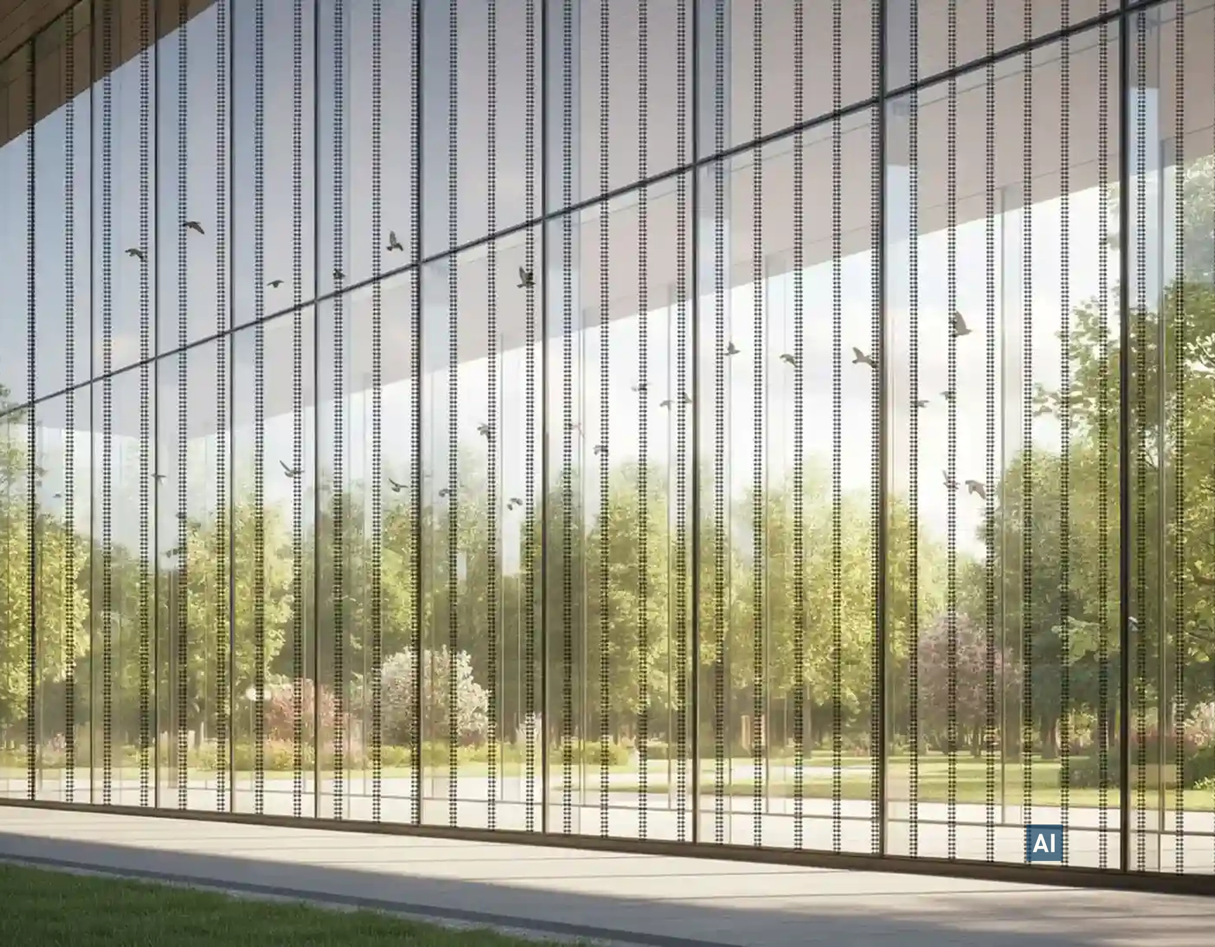 Große Glasfront mit Haverkamp birdsafe® Vogelschutzfolie mit Rautenmuster schwarz, dahinter ein Park mit Vögeln.