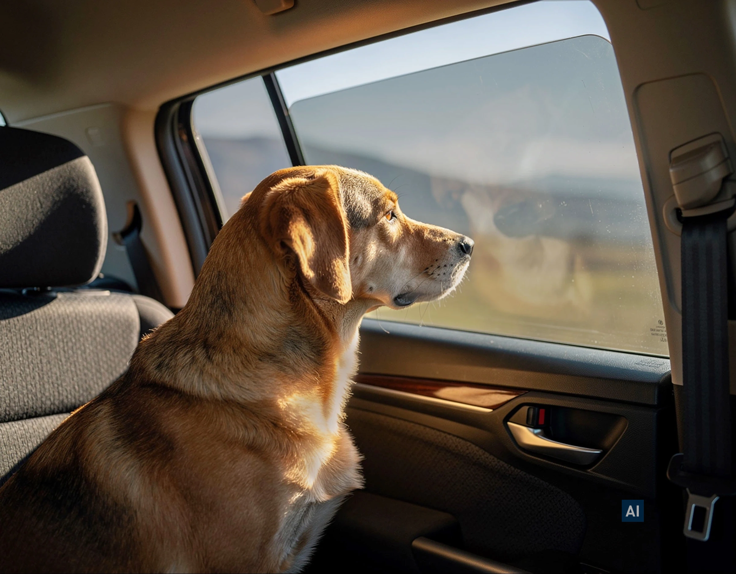 Hund im Autofond blickt durch die mit HAVERKAMP Royal Bond 19 getönte Scheibe blendfrei in die sonnige Landschaft.