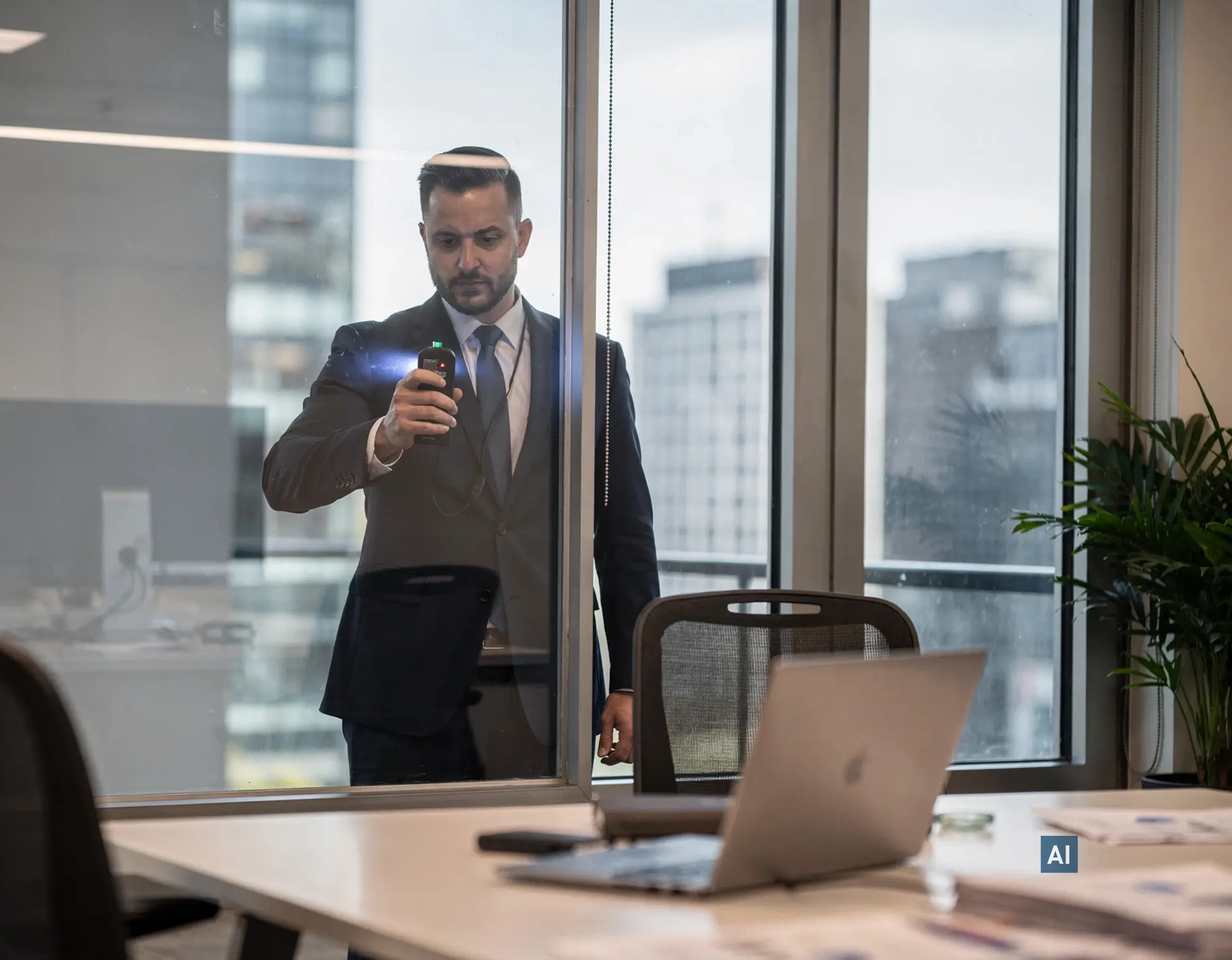 Haverkamp Shielding mittel 25 RS sr Primus Plus am Bürofenster vor Skyline, ein Mann misst die Abschirmung.