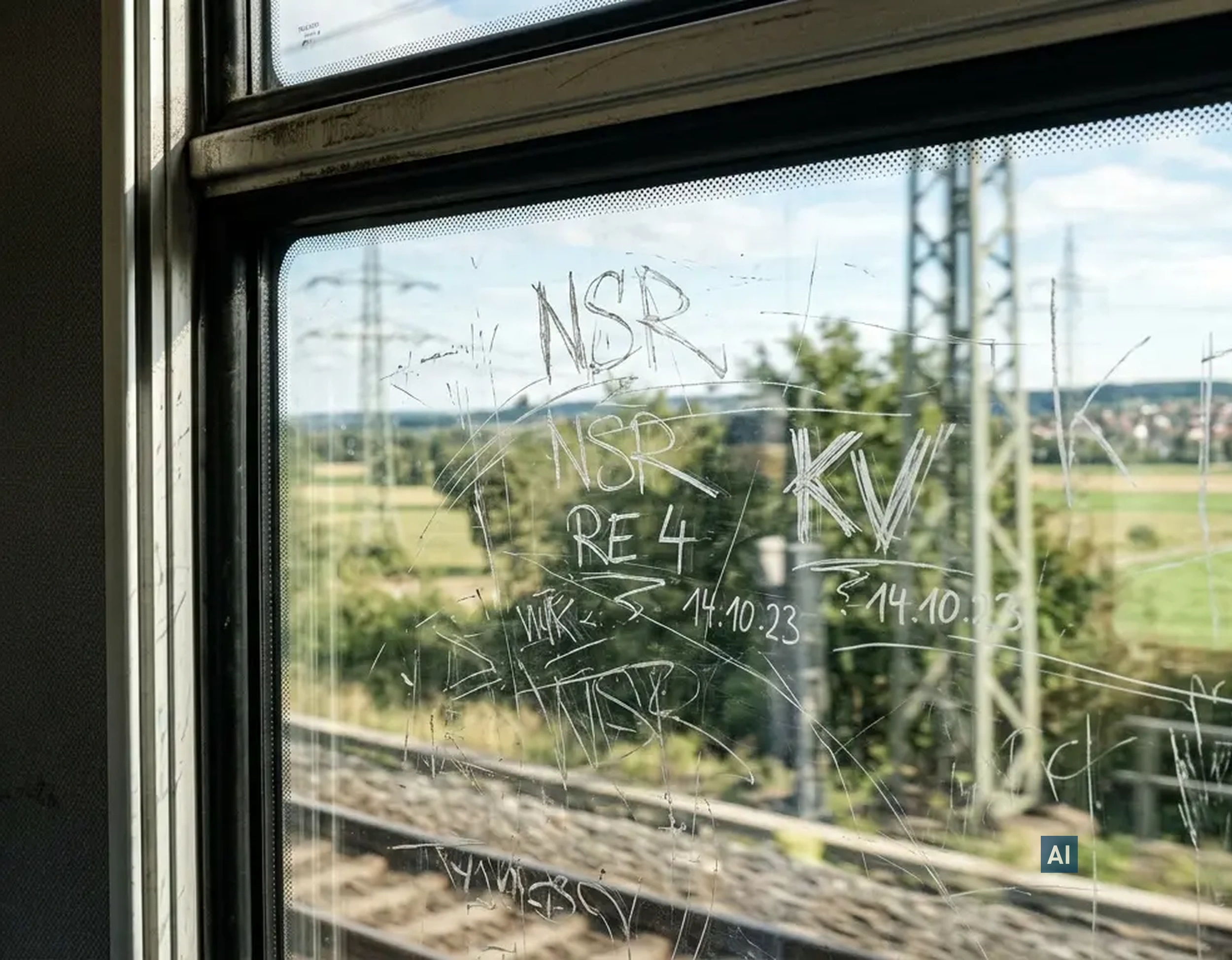 Bahnfenster geschützt mit Haverkamp Anti-Vandalismus-Folie klar für Glas, Gravuren und Schienenlandschaft sichtbar.