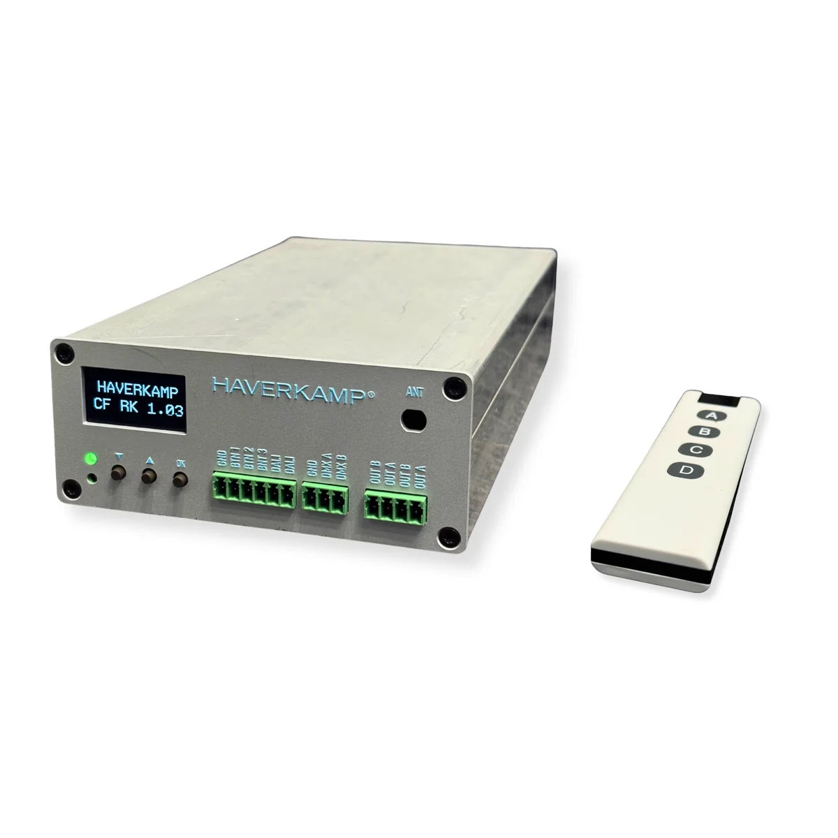 Silberner HAVERKAMP Controller für ClickFilm bis 60W Version 5 mit kompakter Funkfernbedienung auf weißer Fläche.