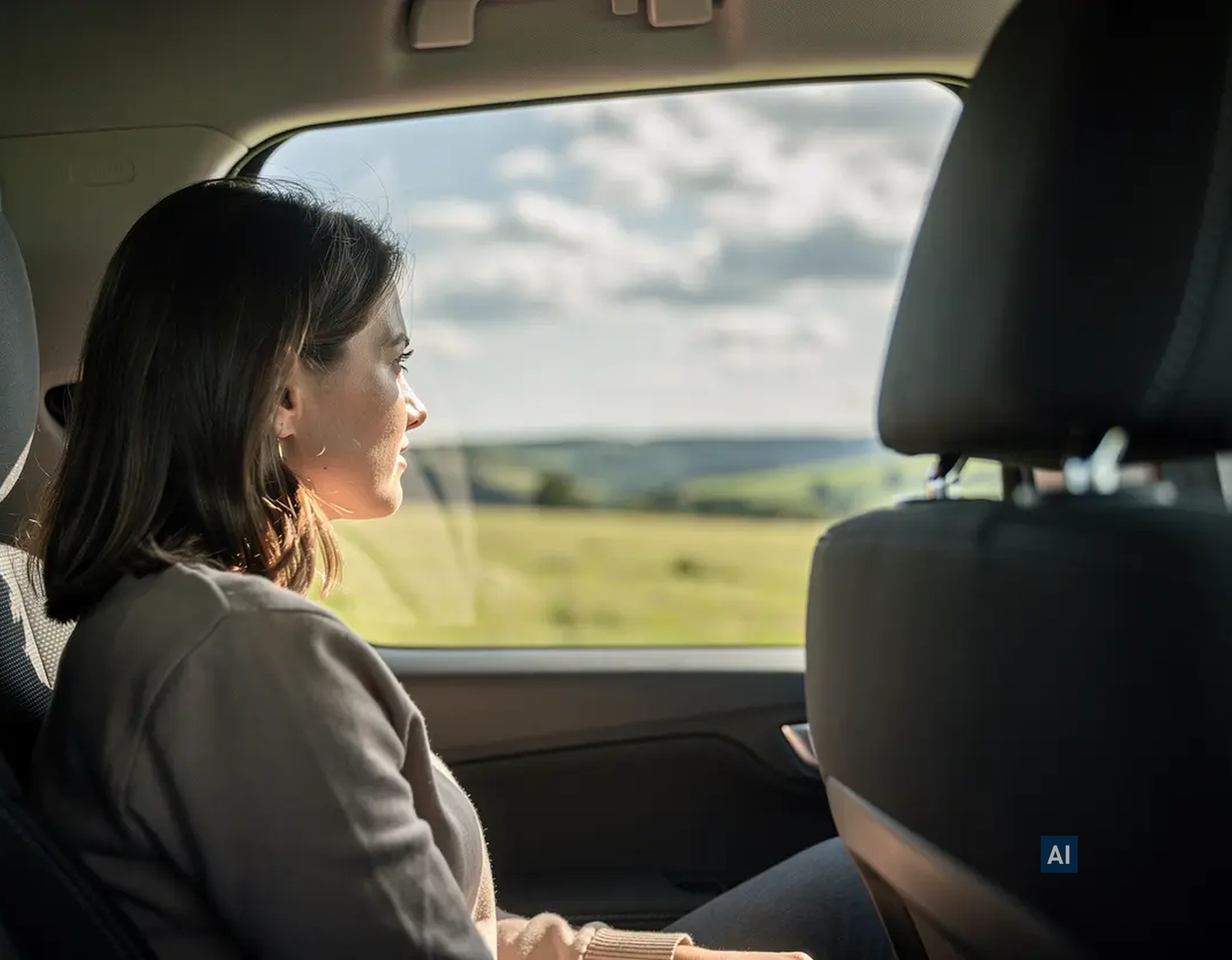 Eine Frau blickt vom Rücksitz eines Autos aus dem Seitenfenster auf eine vorbeiziehende grüne Landschaft.
