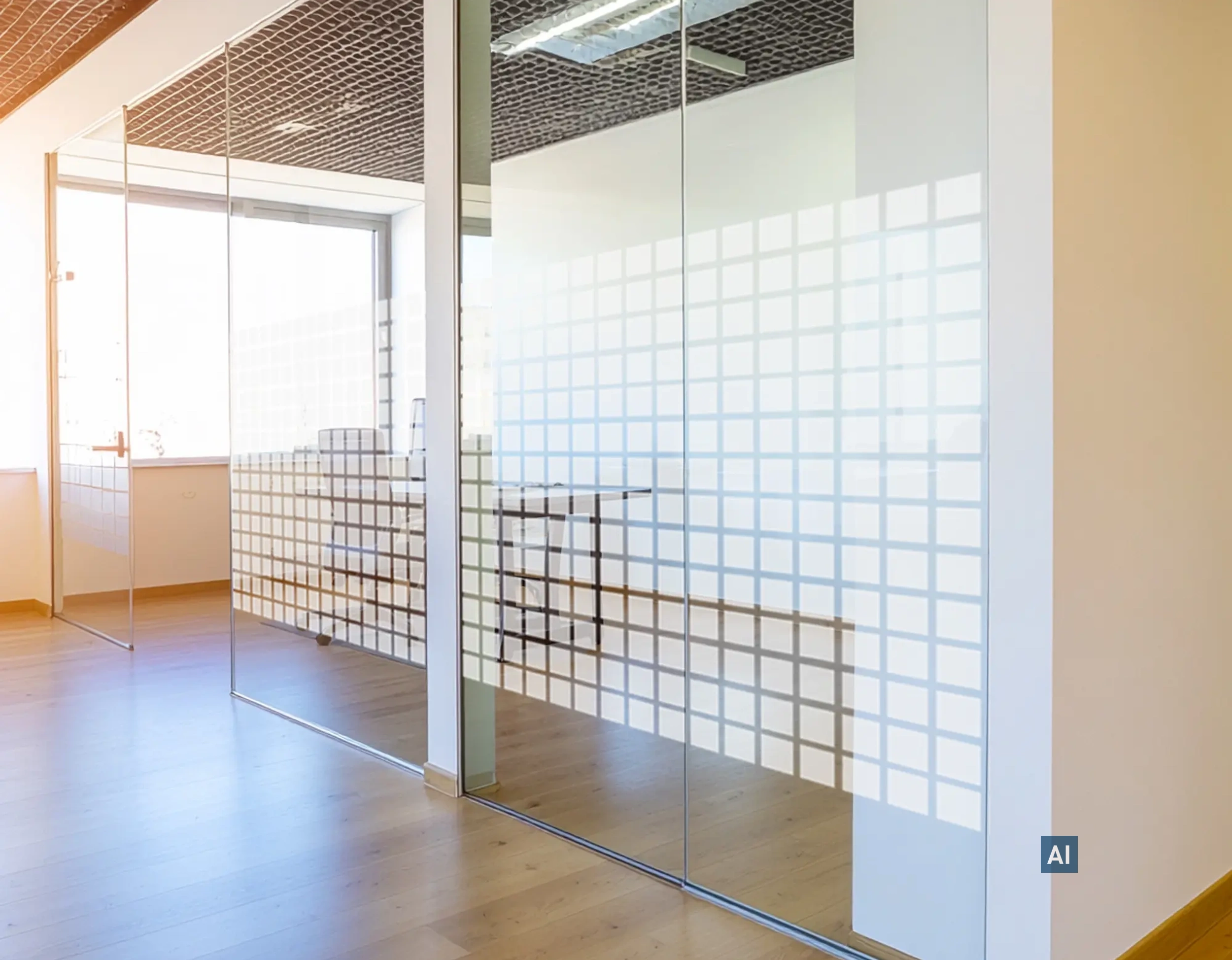 Offene Bürolandschaft mit Haverkamp Quadrate Weiß 35 mm Sichtschutzfolie auf Glastrennwänden trennt Arbeitsplätze ab.