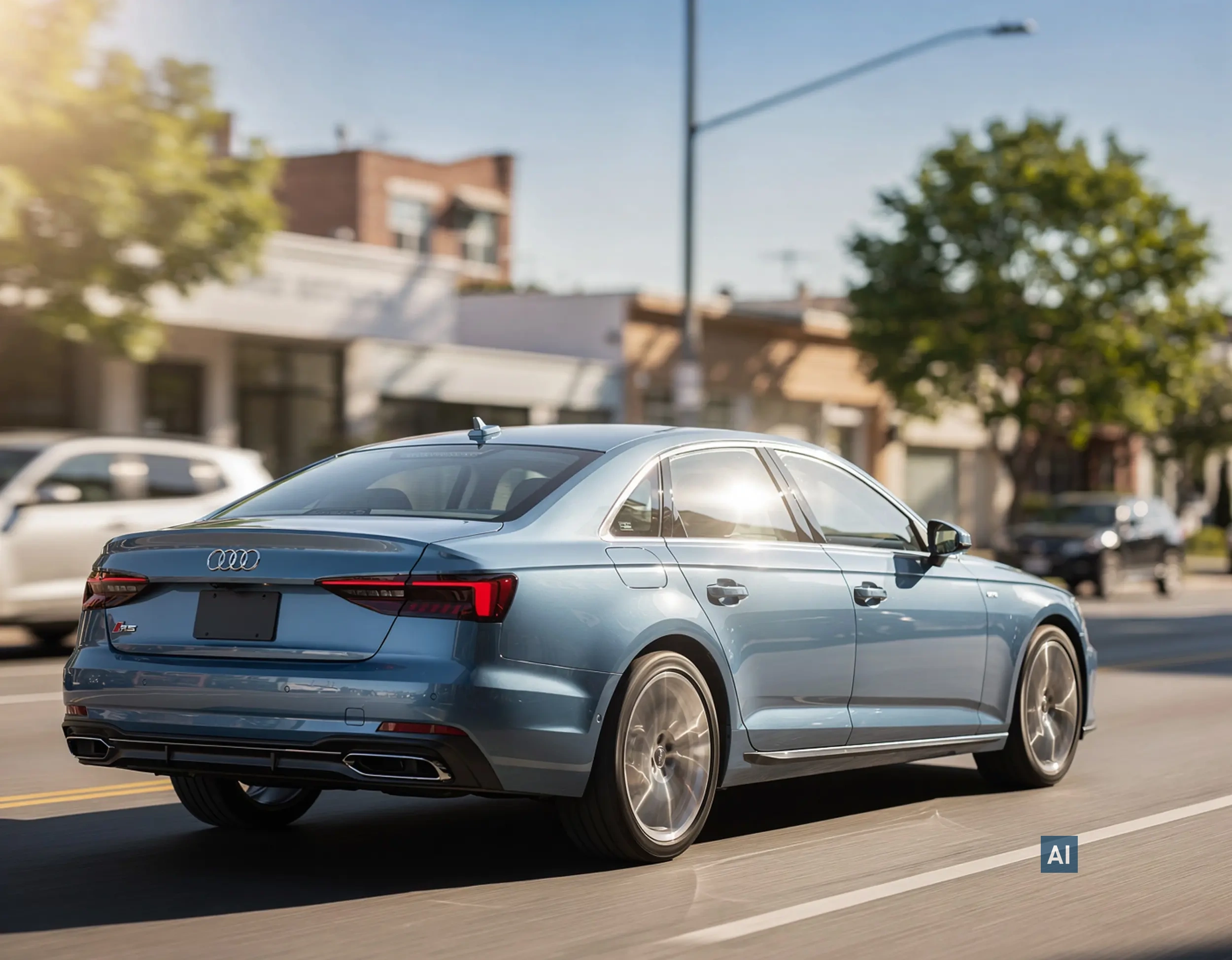 Heckansicht eines hellblauen Audi A4 auf einer asphaltierten Straße im Stadtgebiet.