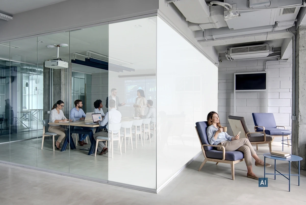 Büro-Meetingraum mit Haverkamp ClickFilm® Classic white: teils transparent und teils blickdicht mattiert.