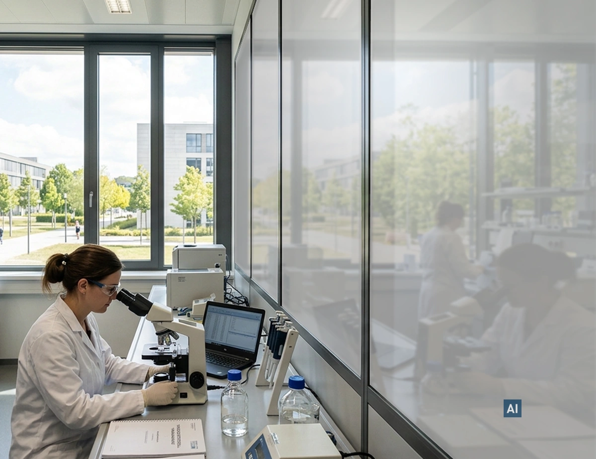 Folienzuschnitt HAVERKAMP ClickFilm® Classic grey light Labor-Glastrennwand mit Haverkamp ClickFilm® classic grey light im hellgrau-opaken Zustand neben Arbeitsplatz.