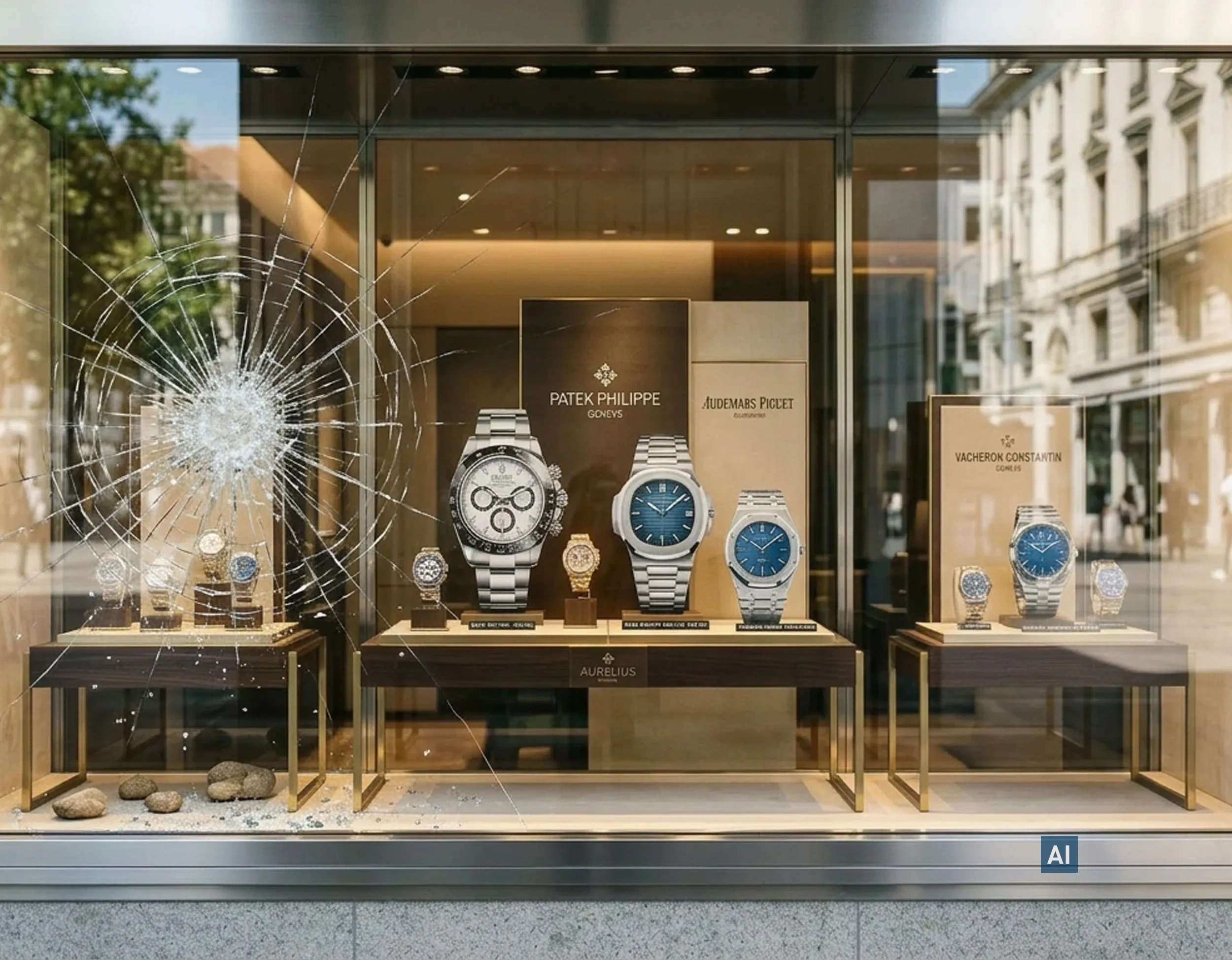 Juwelier-Schaufenster mit Luxusuhren widersteht Einbruchversuch dank Haverkamp P3A SR DIN EN 356-P3A, Splitter im Glas.