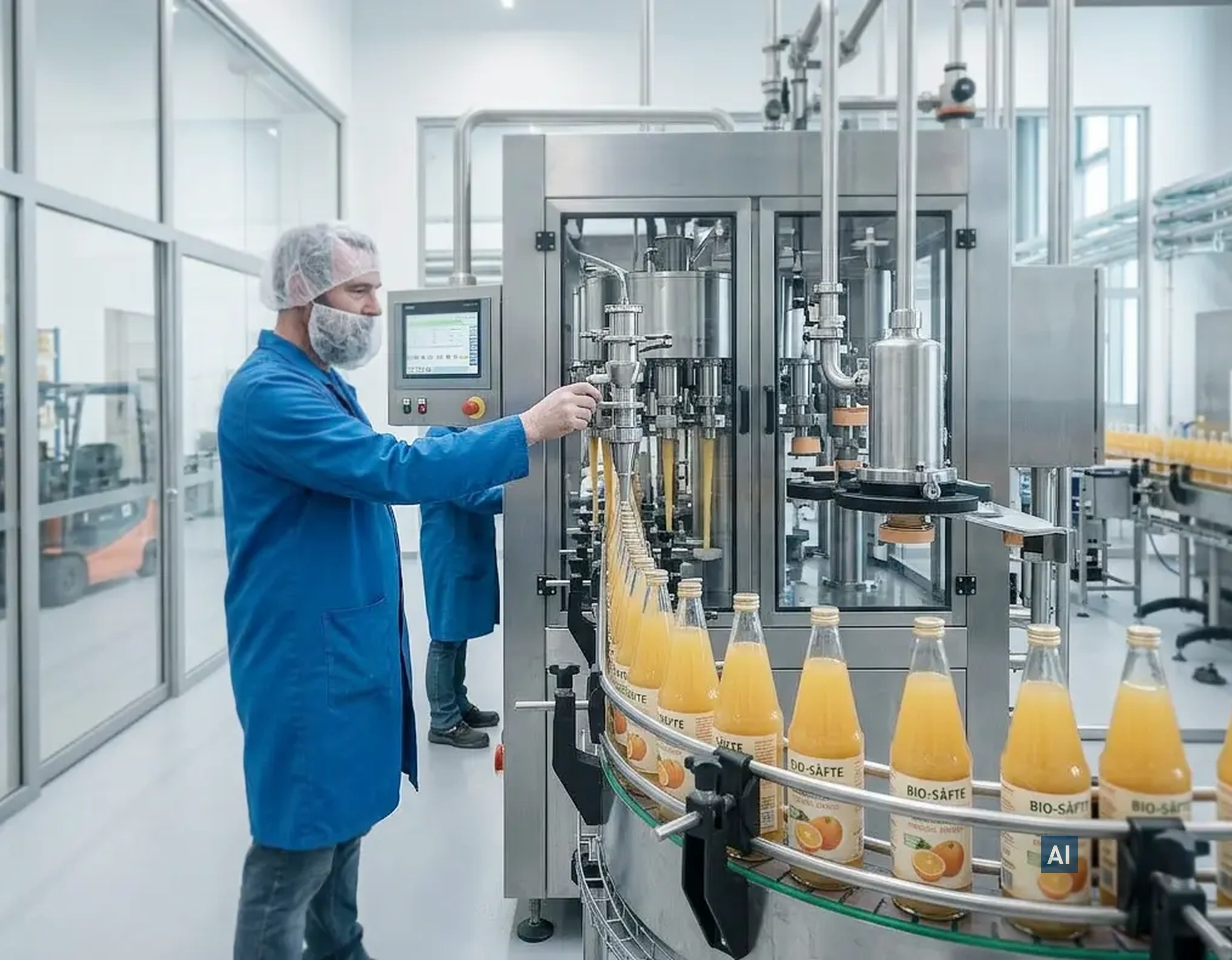 Helle Produktionshalle mit klarer Haverkamp glasklar safe 230µ SR Sicherheitsfolie, Abfülllinie und Mitarbeitende. 