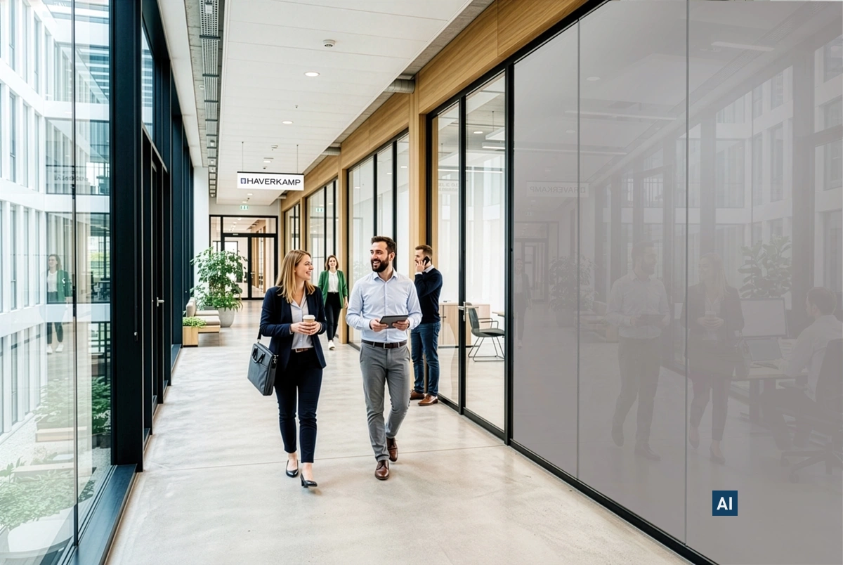 Mitarbeiter auf Büroflur neben Glaswand mit Haverkamp ClickFilm® classic grey dark im blickdichten, grauen Zustand.