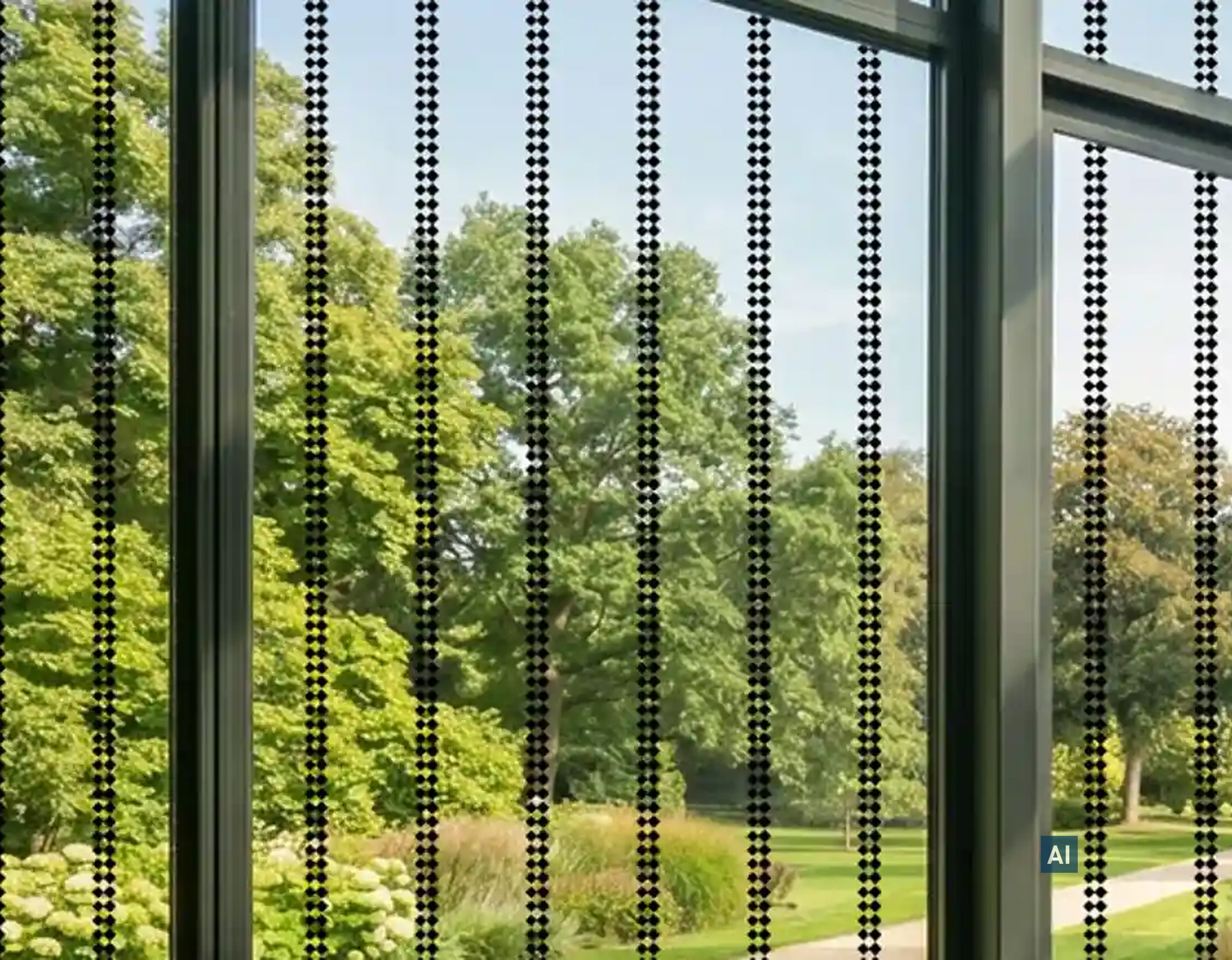 Blick durch Fenster mit Haverkamp birdsafe® Vogelschutzfolie mit Rautenmuster schwarz auf einen grünen Park mit Bäumen. 
