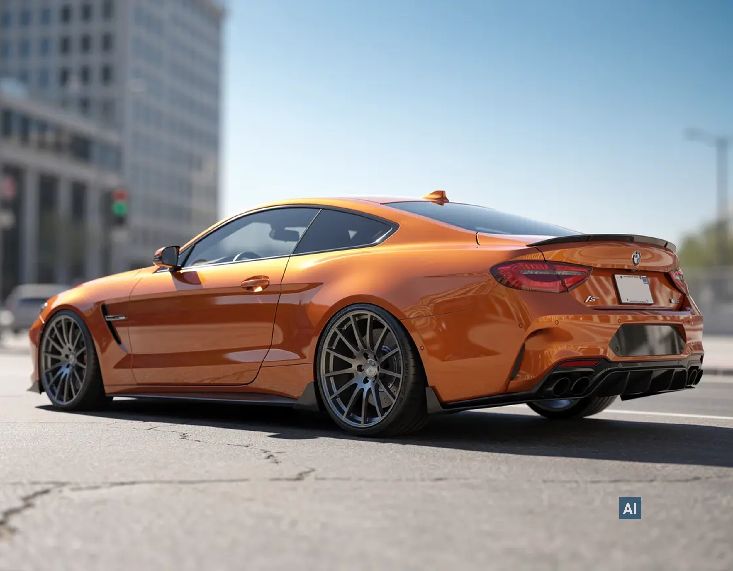 Orangefarbenes Coupé in der Stadt mit dunkel getönten Heckscheiben durch HAVERKAMP Basic Bond 05.