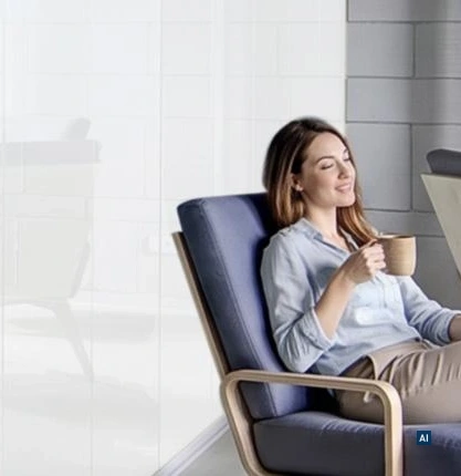 Mitarbeiterin entspannt in Lounge-Sessel neben Glaswand mit blickdicht-weißem Haverkamp ClickFilm®.