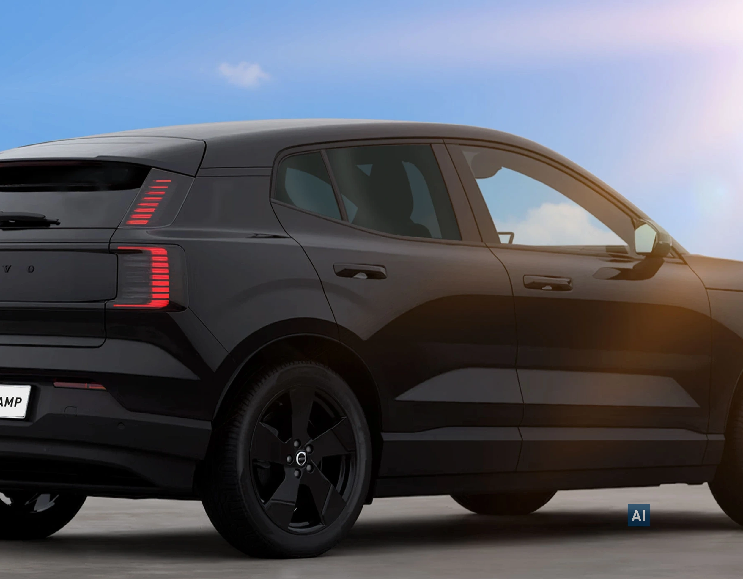 Schwarzer SUV im Gegenlicht der Abendsonne; die Heckscheiben sind tiefschwarz getönt mit HAVERKAMP Pure Bond 05.