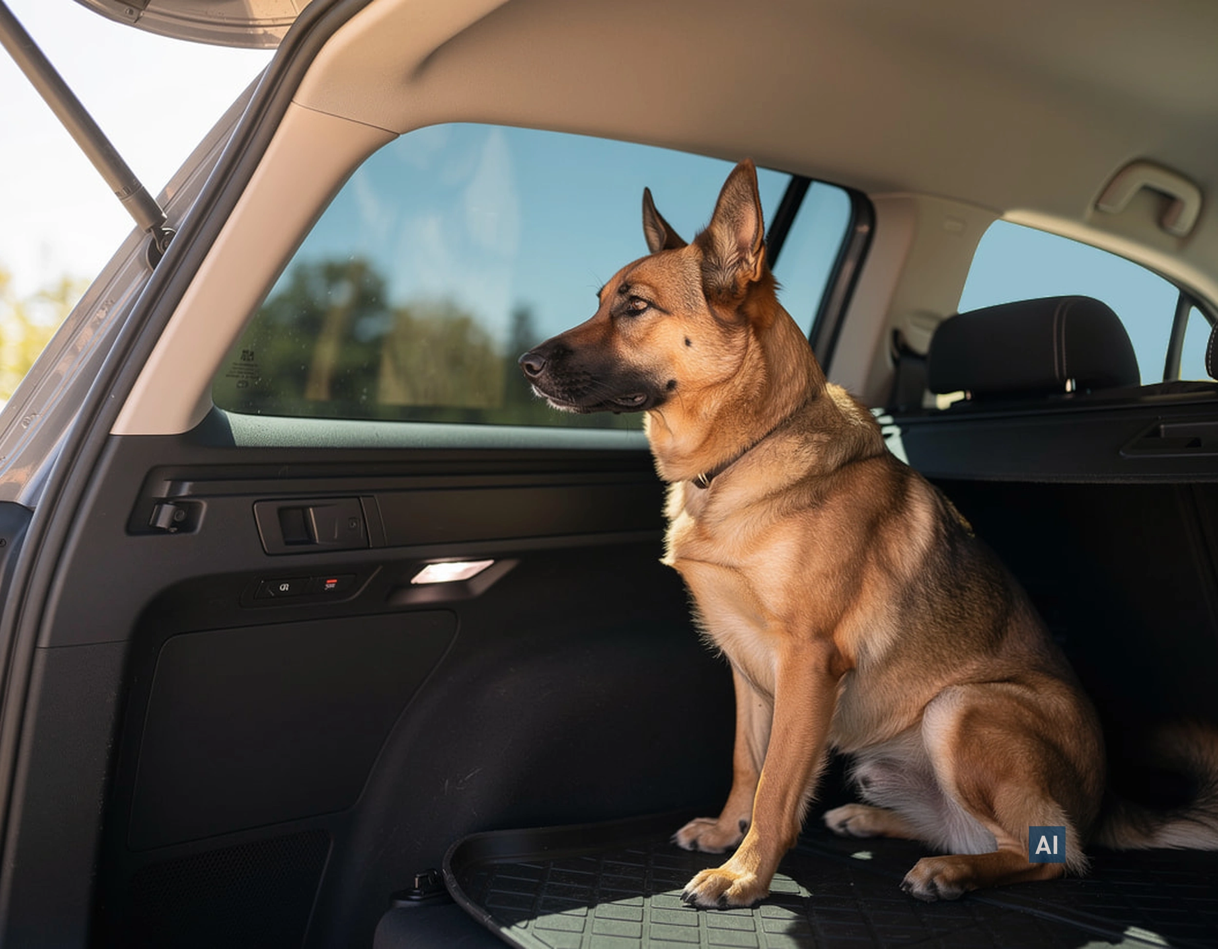 Hund im geöffneten Kofferraum eines Autos; die hintere Seitenscheibe ist getönt mit HAVERKAMP Pure Bond 19.