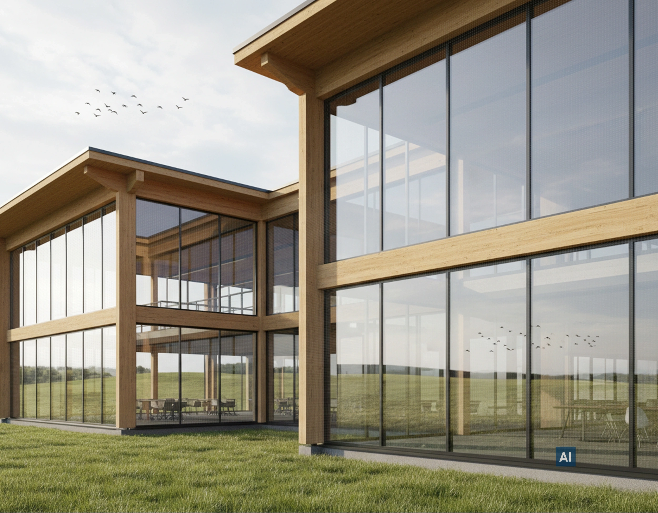 Holzbau mit Haverkamp birdsafe® Vogelschutzfolie mit Punkten silber silber auf großer Glasfront bei einer Wiese. 