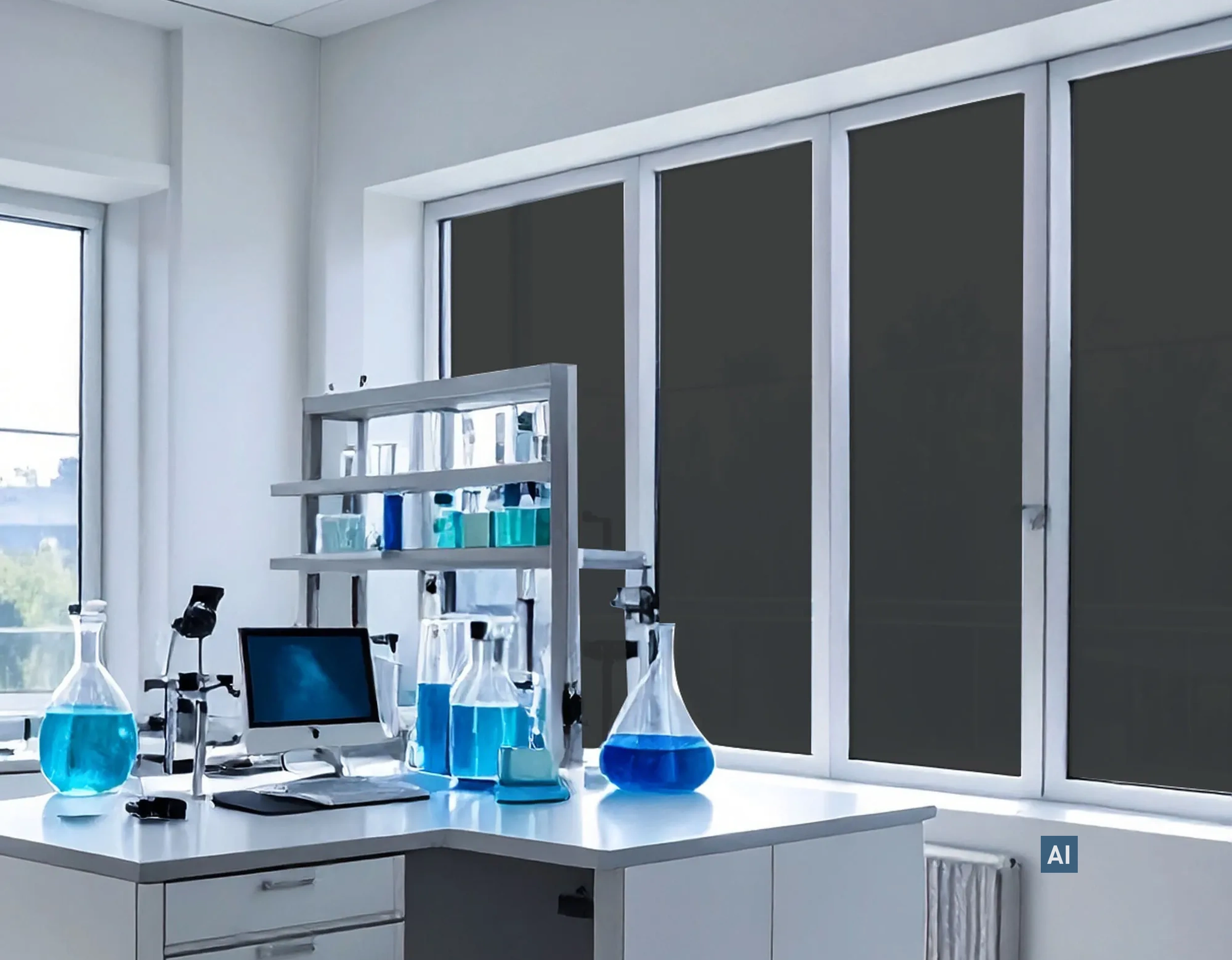 Chemielabor mit Fensterfront foliert mit Haverkamp Schwarz Undurchsichtig Folie schirmt Arbeitsbereich ab.
