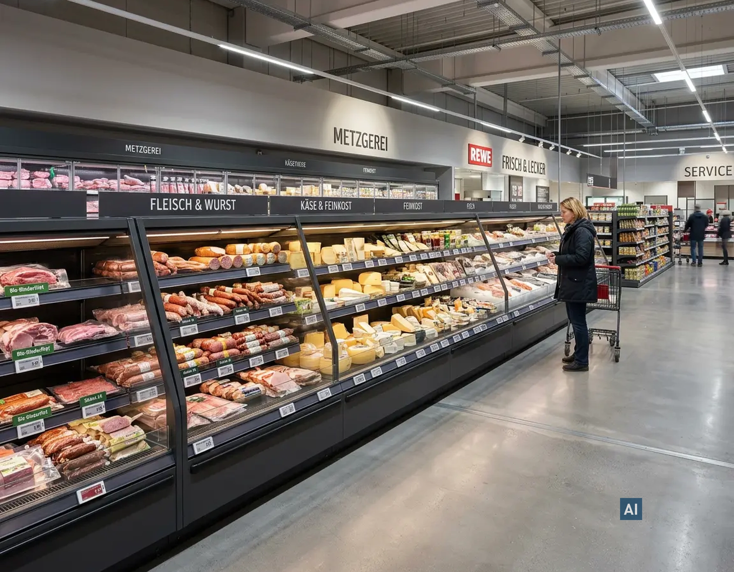 Frischetheke im Supermarkt mit Haverkamp Anti-Fog: Kundin blickt durch beschlagfreie Scheiben auf Fleisch und Käse.
