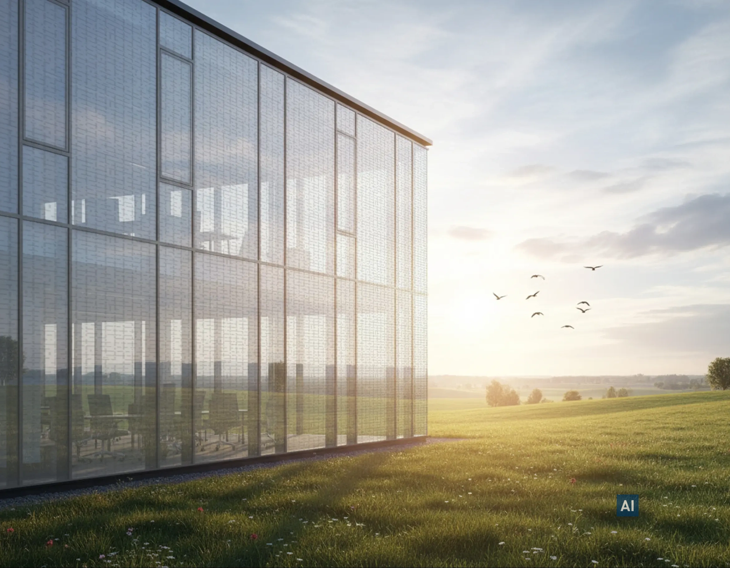 Bürogebäude mit Haverkamp birdsafe® Vogelschutzfolie Greenline Design 01 vor Wiese mit fliegenden Vögeln. 