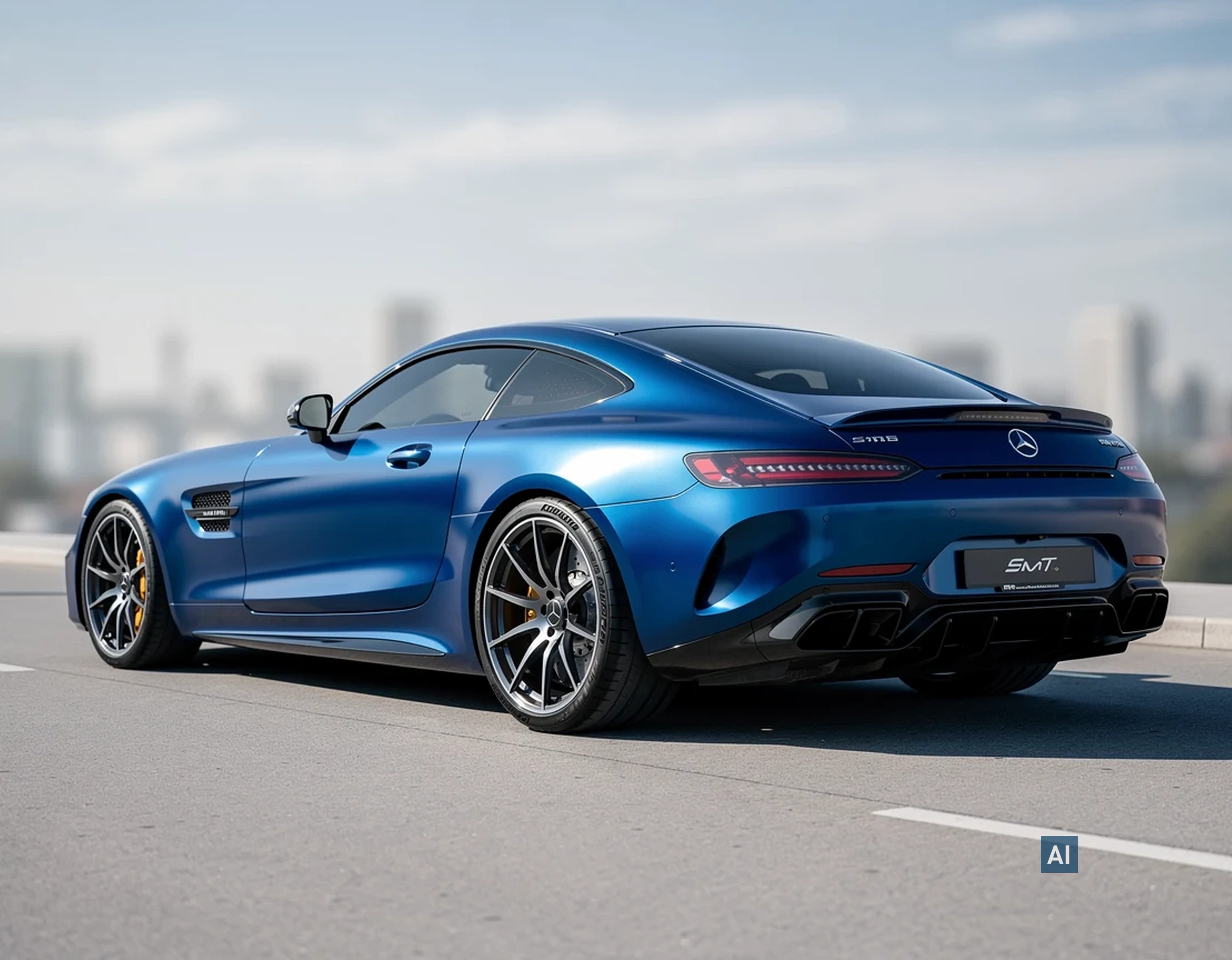 Blauer Sportwagen vor verschwommener Skyline; Heckscheibe ist tiefschwarz getönt mit HAVERKAMP Pure Bond 05.