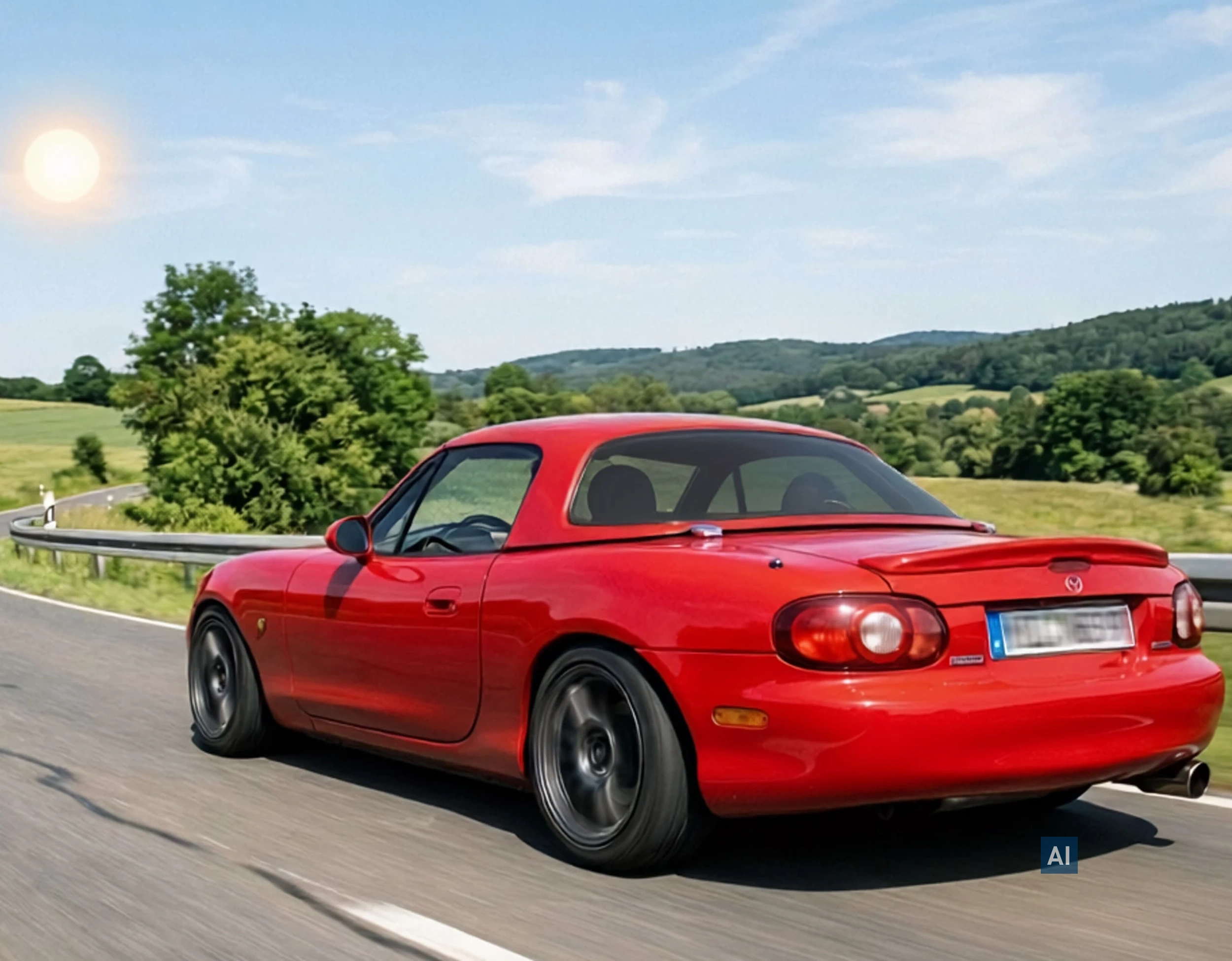 Roter Roadster auf einer Landstraße bei Sonnenschein; die Heckscheibe ist getönt mit HAVERKAMP Pure Bond 19.