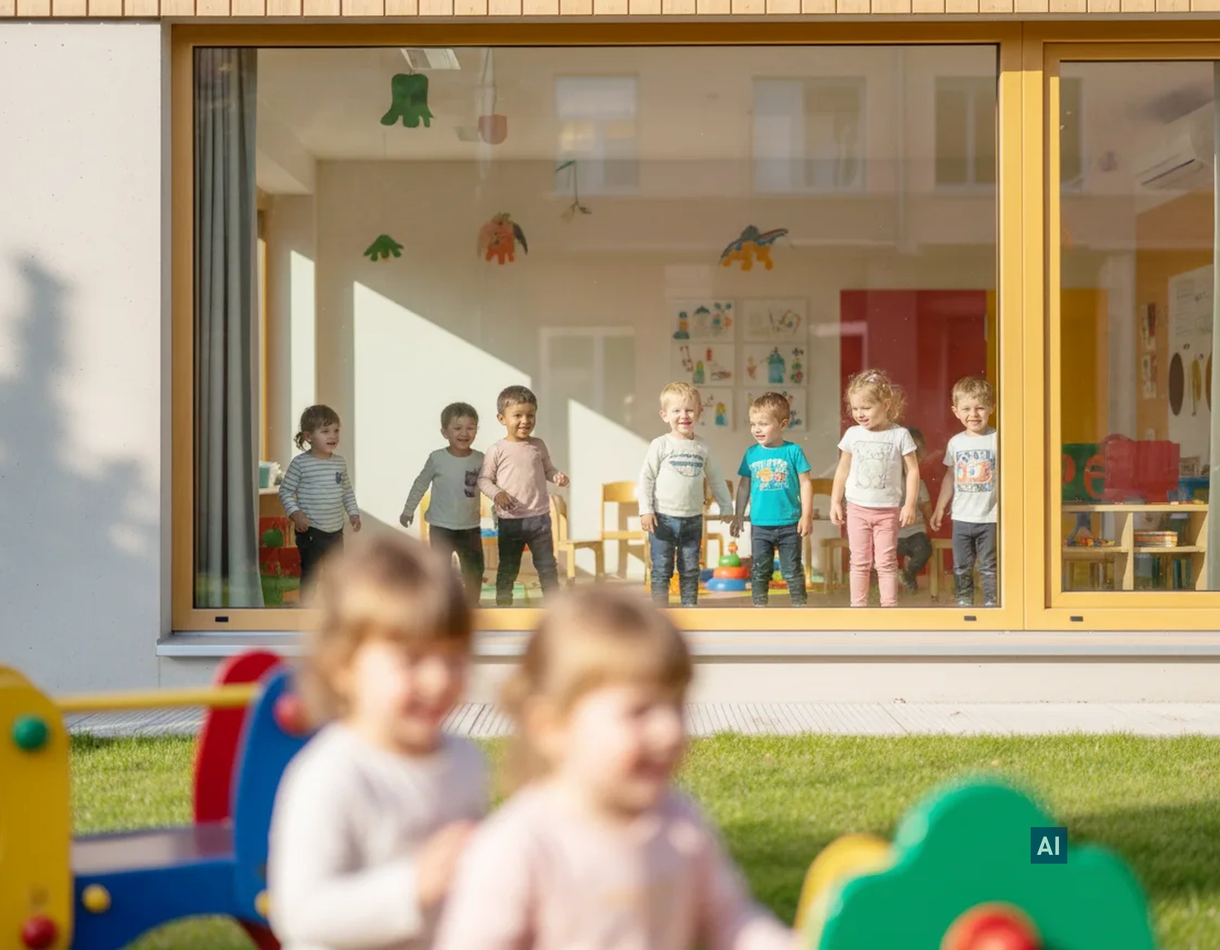Großes Kita-Fenster mit Haverkamp safe 175µ SR Primus, Kinder schauen nach draußen, Spielplatz im Vordergrund.