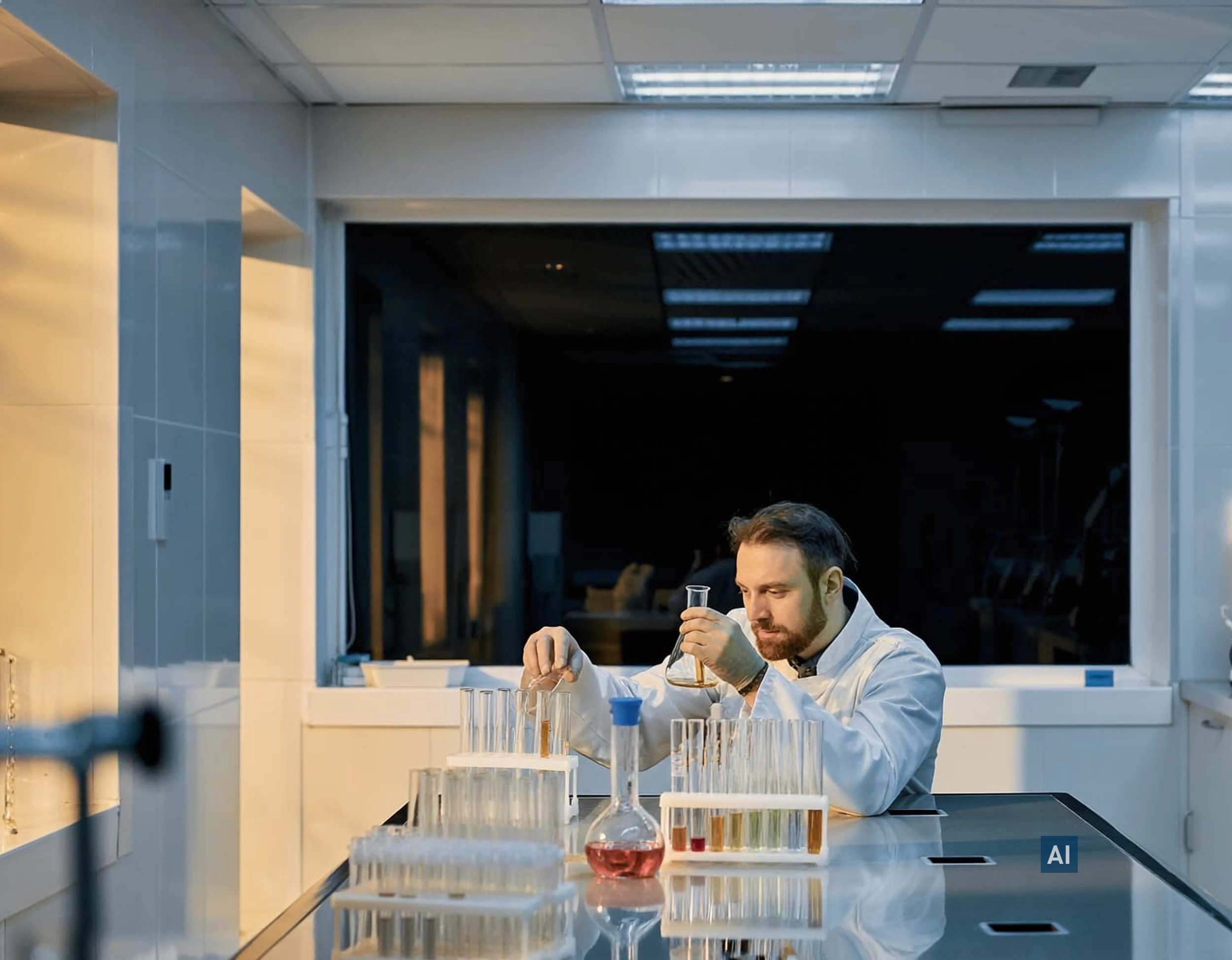 Hightech-Labor mit dunkler Fensterfolierung Haverkamp Silber Schwarz Undurchsichtig Primus SR, Mitarbeiter an Laborausstattung.