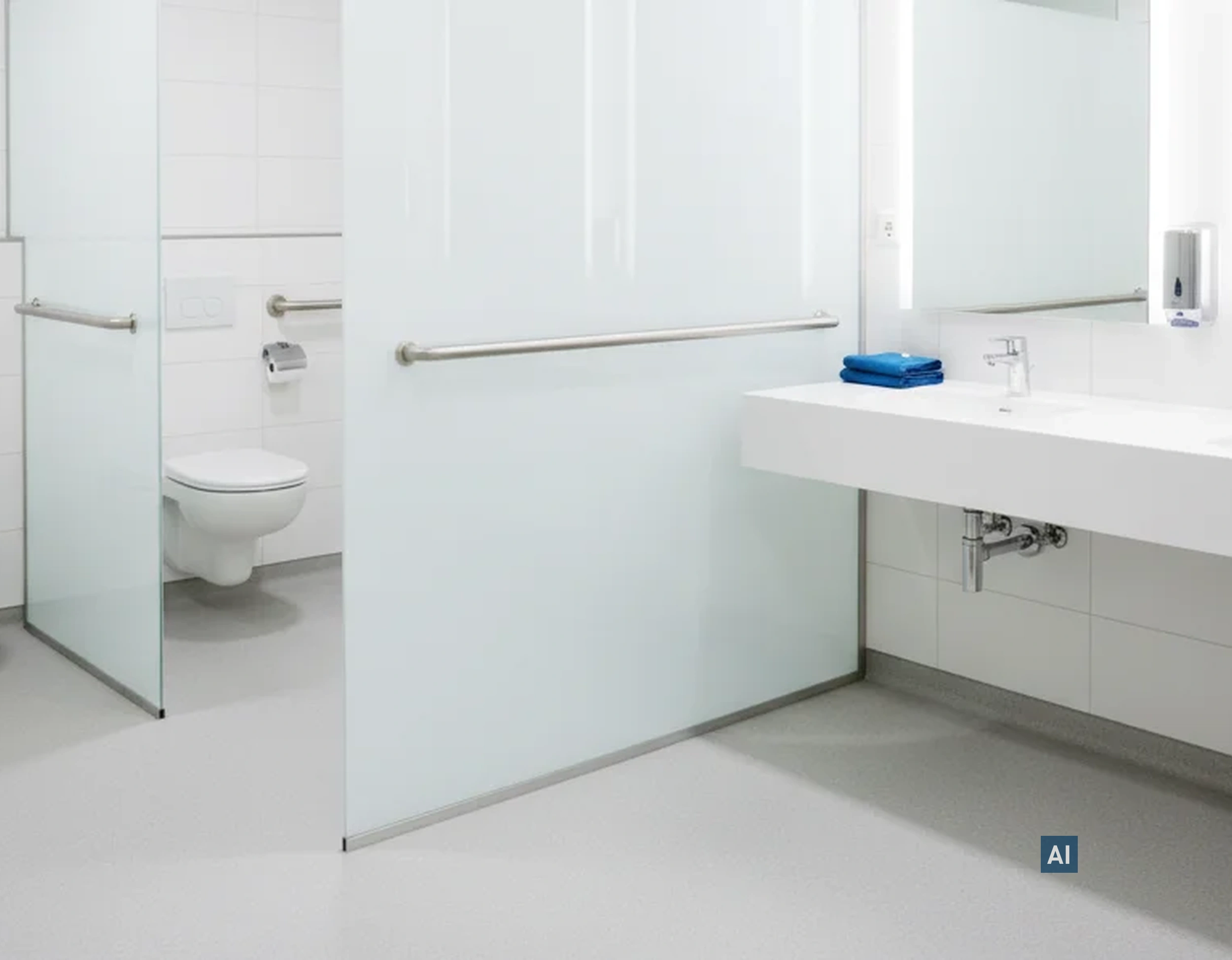 Sanitärraum mit undurchsichtigen Glastrennwänden foliert mit Haverkamp Weiß Undurchsichtig trennt WC und Waschbereich.