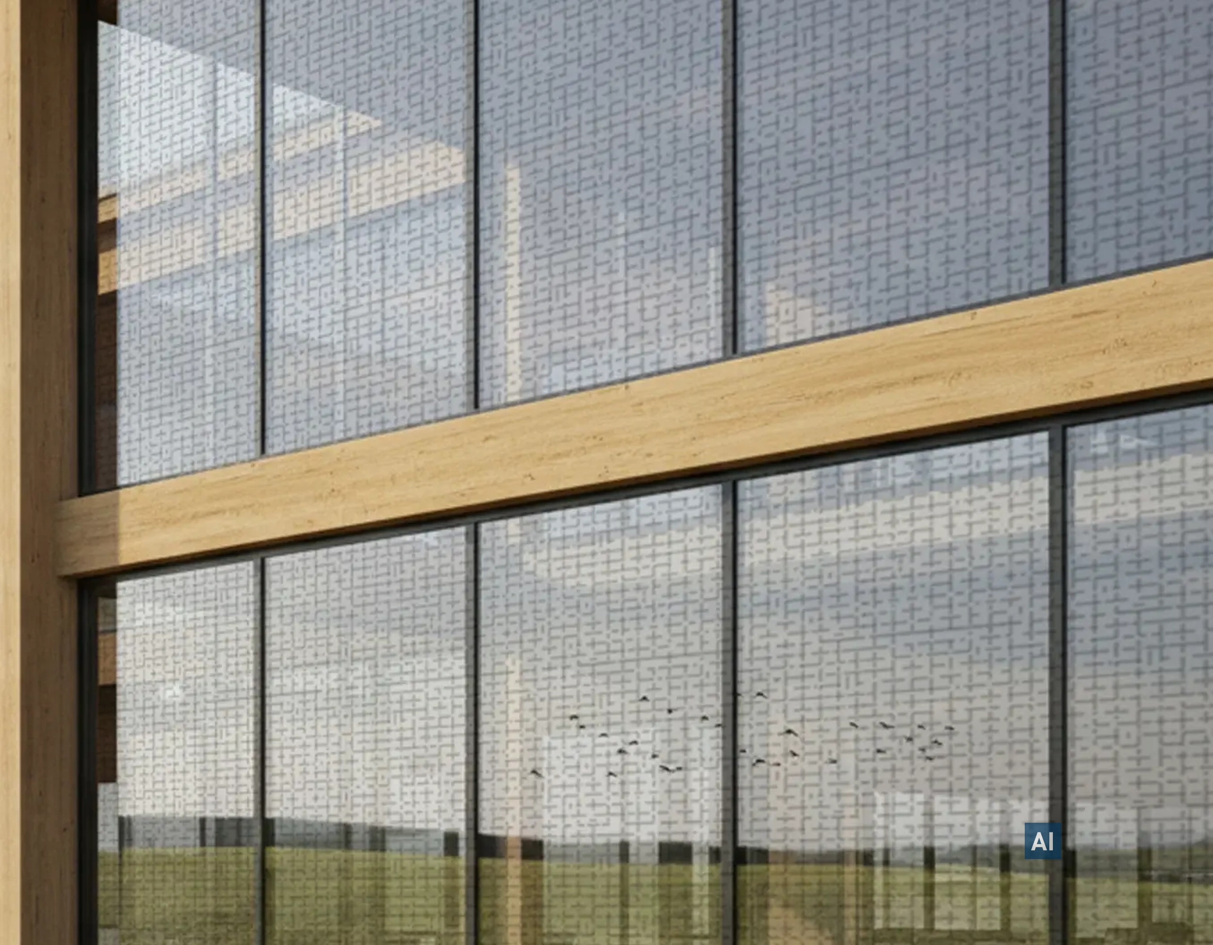 Moderne Holzfassade mit Haverkamp Birdsafe black interieur auf großen Fensterscheiben über einer Rasenfläche. 