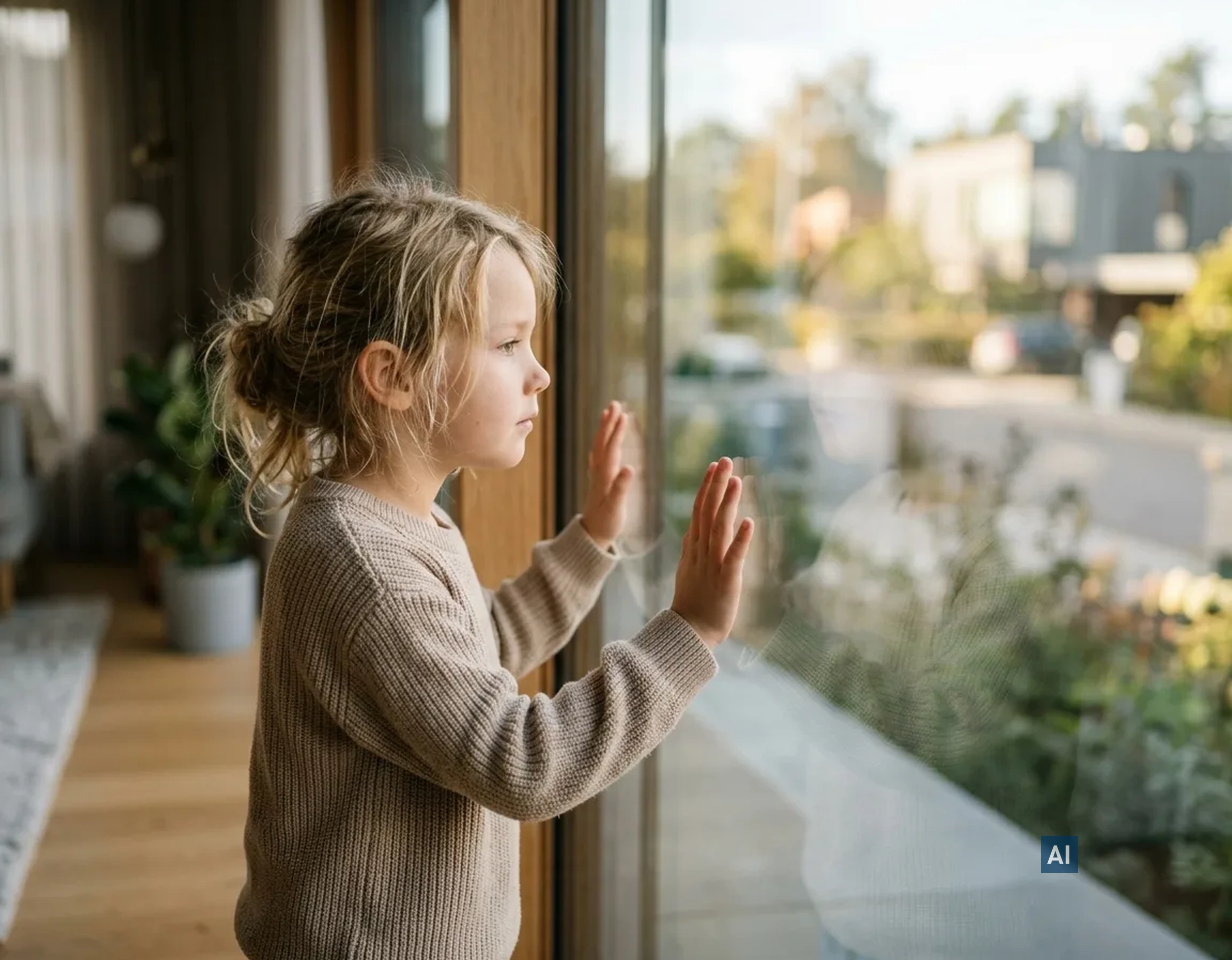 Wohnzimmer mit großer Glasfront geschützt durch Haverkamp glasklar safe 115µ SR, Kind schaut nach draußen.