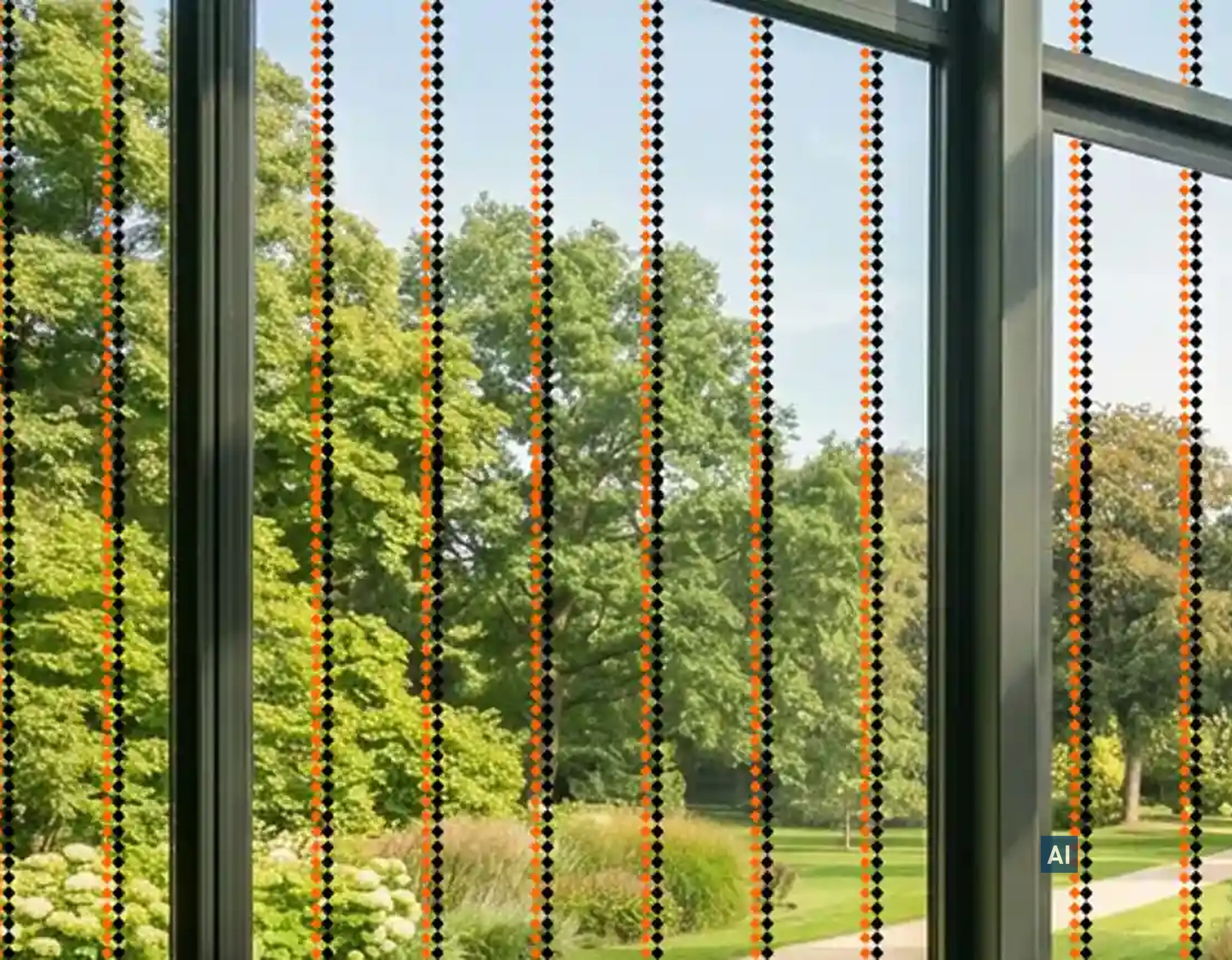 Fensterscheibe mit Haverkamp birdsafe® Vogelschutzfolie mit Rautenmuster orange schwarz gibt Blick frei auf grünen Park.