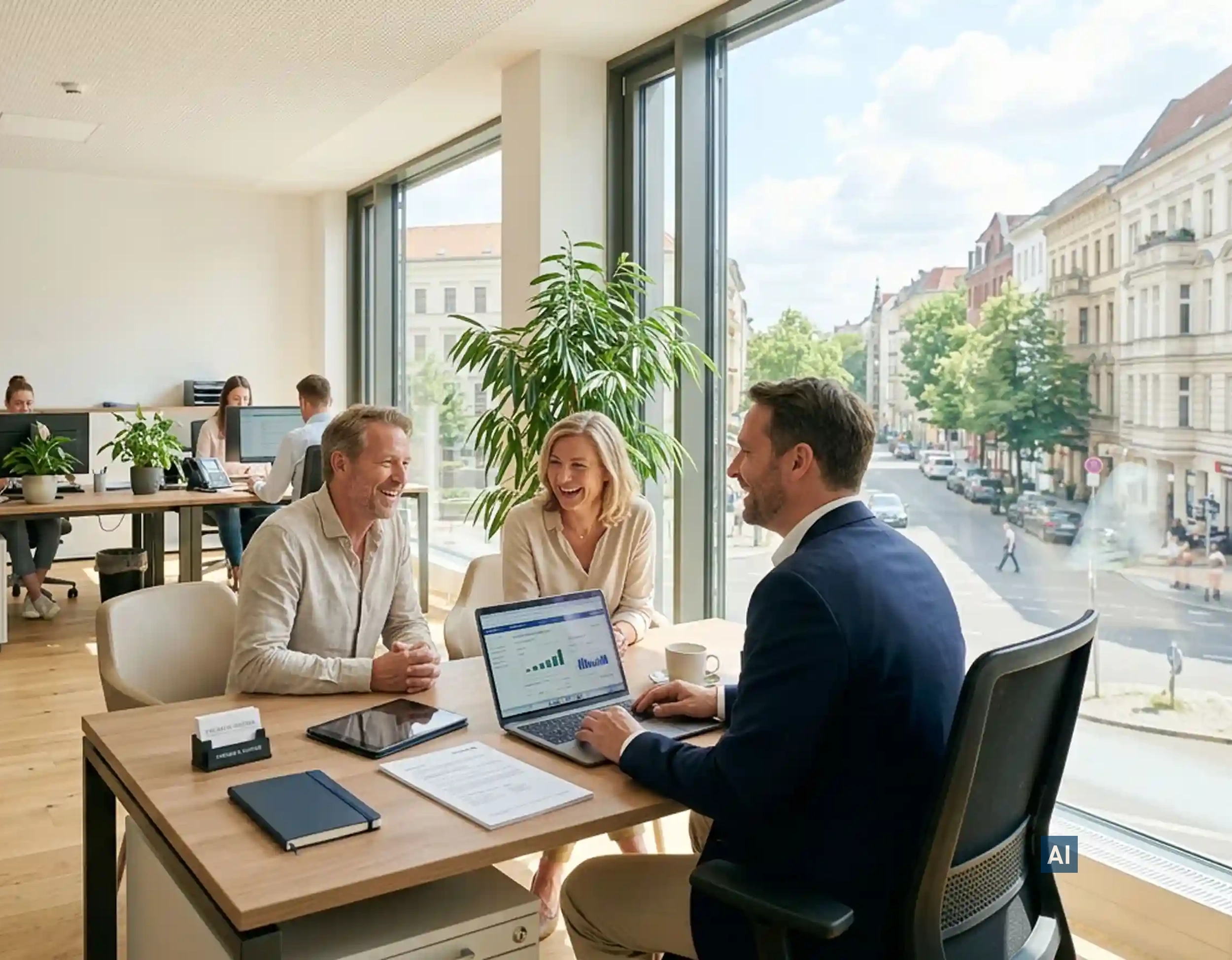 Kundenberatung am Schreibtisch im hellen Büro mit Haverkamp Imperial Hell 65S SR Folie auf den Fenstern.
