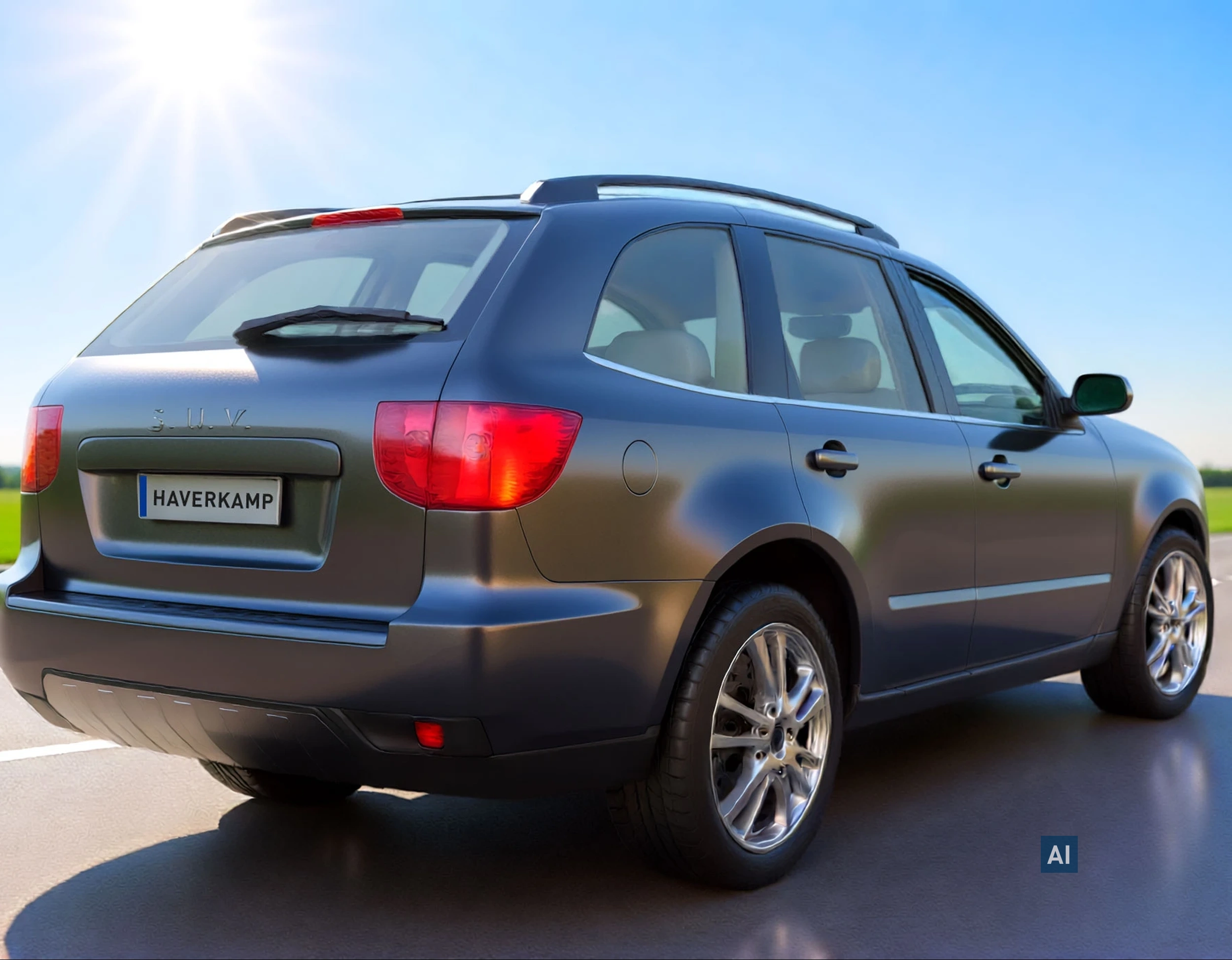  Dunkelgrauer SUV bei strahlendem Sonnenschein; die Scheiben bieten fast unsichtbaren Schutz mit HAVERKAMP Ceramic Bond 70.