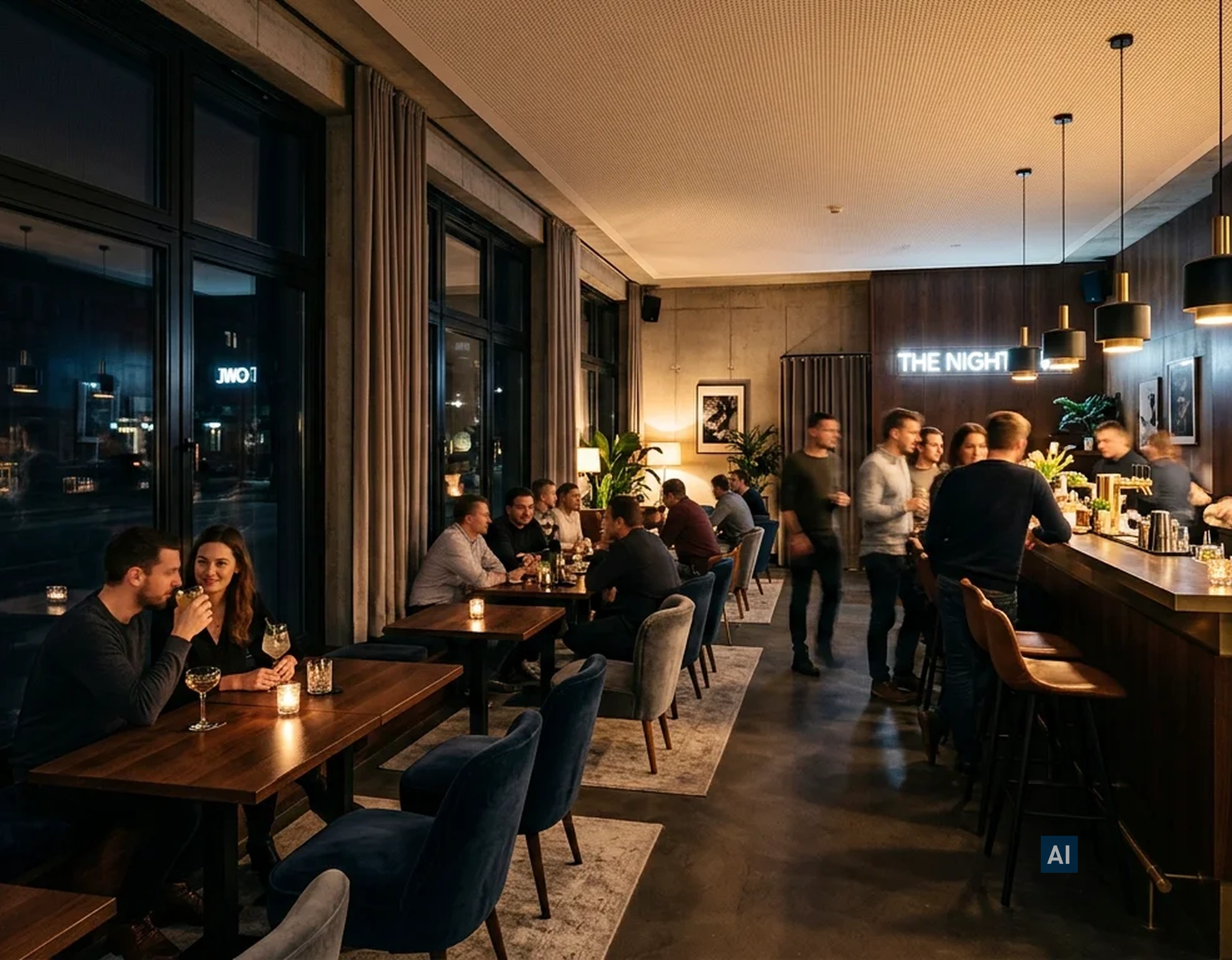 Modernes Restaurant oder Bar mit großer Fensterfront foliert mit Haverkamp Silber Schwarz Undurchsichtig Primus SR, Gäste am Tresen. 