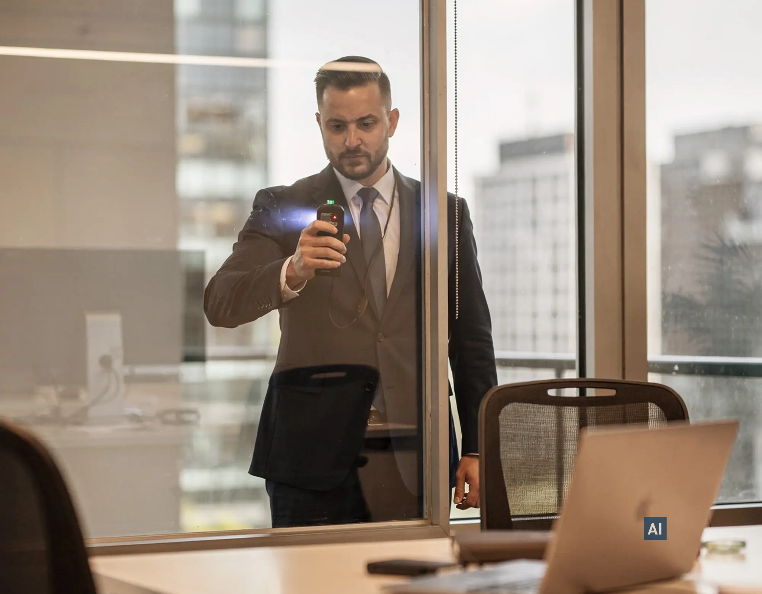 Haverkamp Shielding dunkel 17 SB sr bronze auf einer Glasscheibe im Büro, die von einem Experten getestet wird.