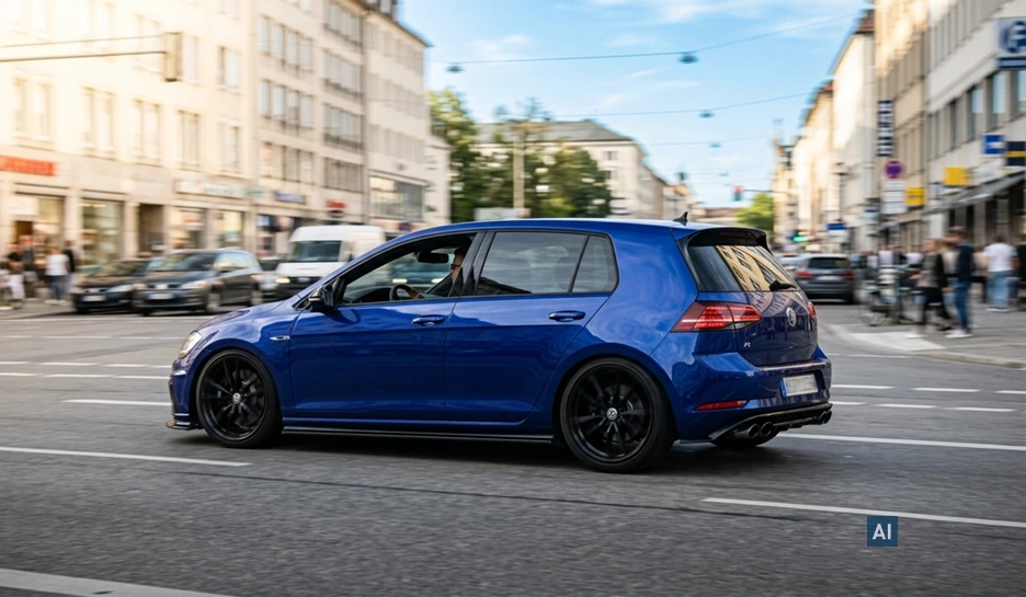 Blaues Auto in der Stadt mit dunkel getönten hinteren Scheiben durch HAVERKAMP Best Bond 12 Folie.