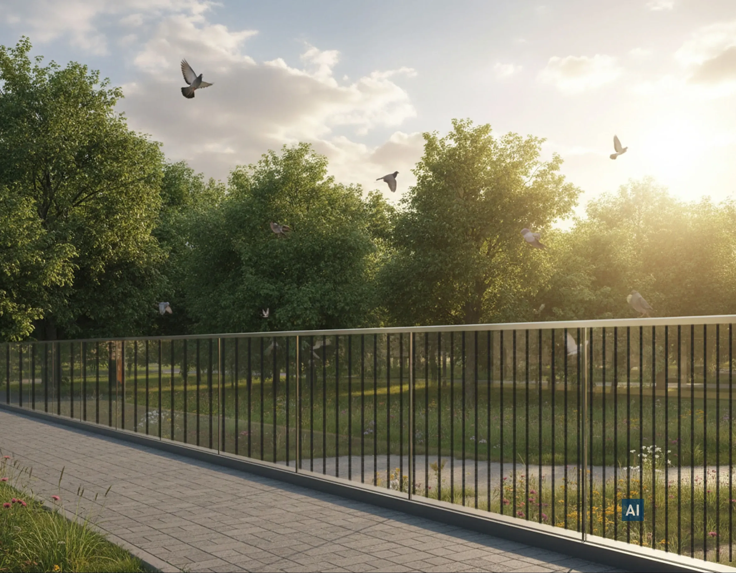Parkweg mit Glaszaun foliert mit Haverkamp birdsafe® Vogelschutzfolie Punktraster schwarz schwarz und fliegenden Vögeln.