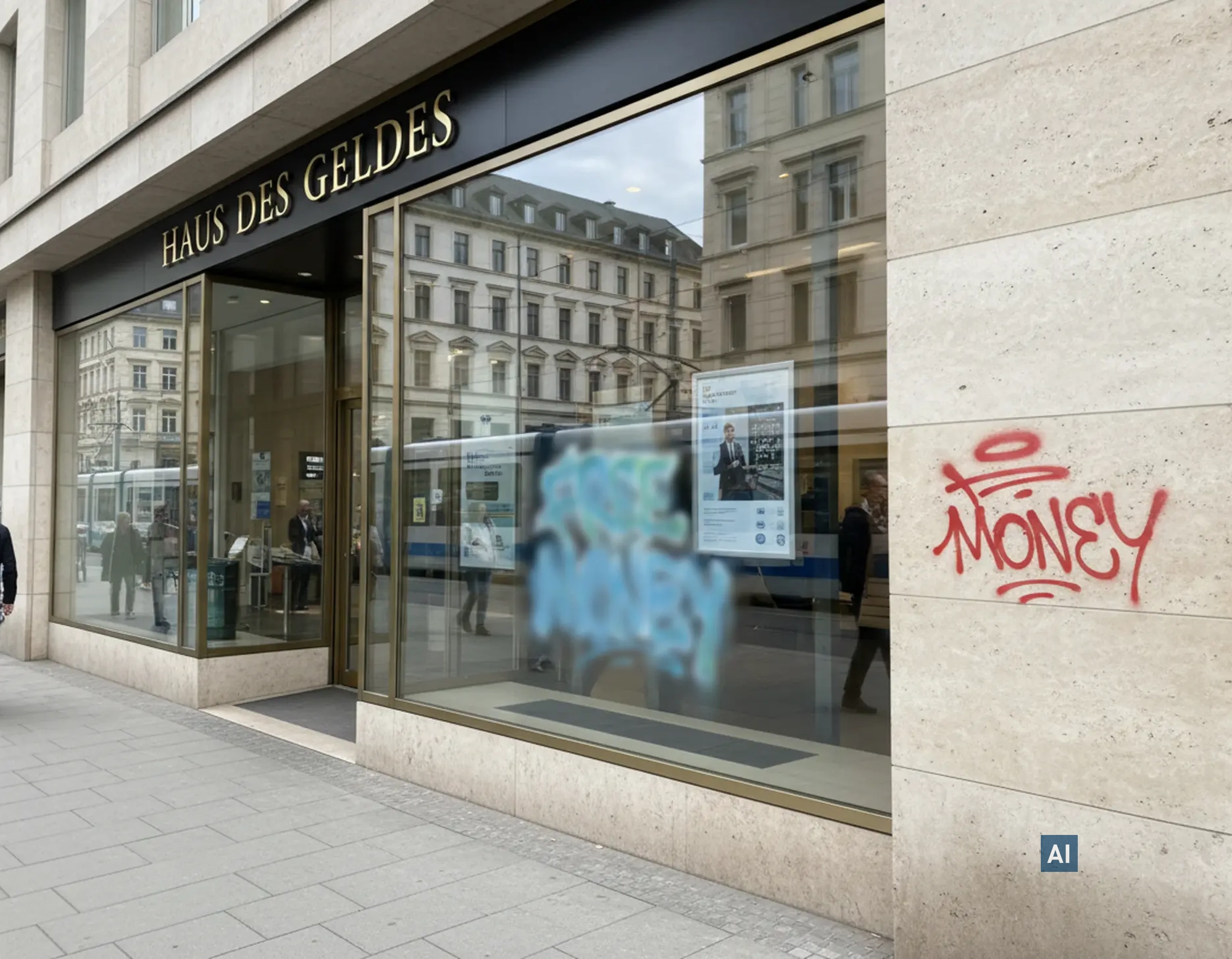 Geschäftsfassade mit Haverkamp Anti-Vandalismus-Folie klar für Glas auf Schaufenstern, davor Gehweg und Graffiti.