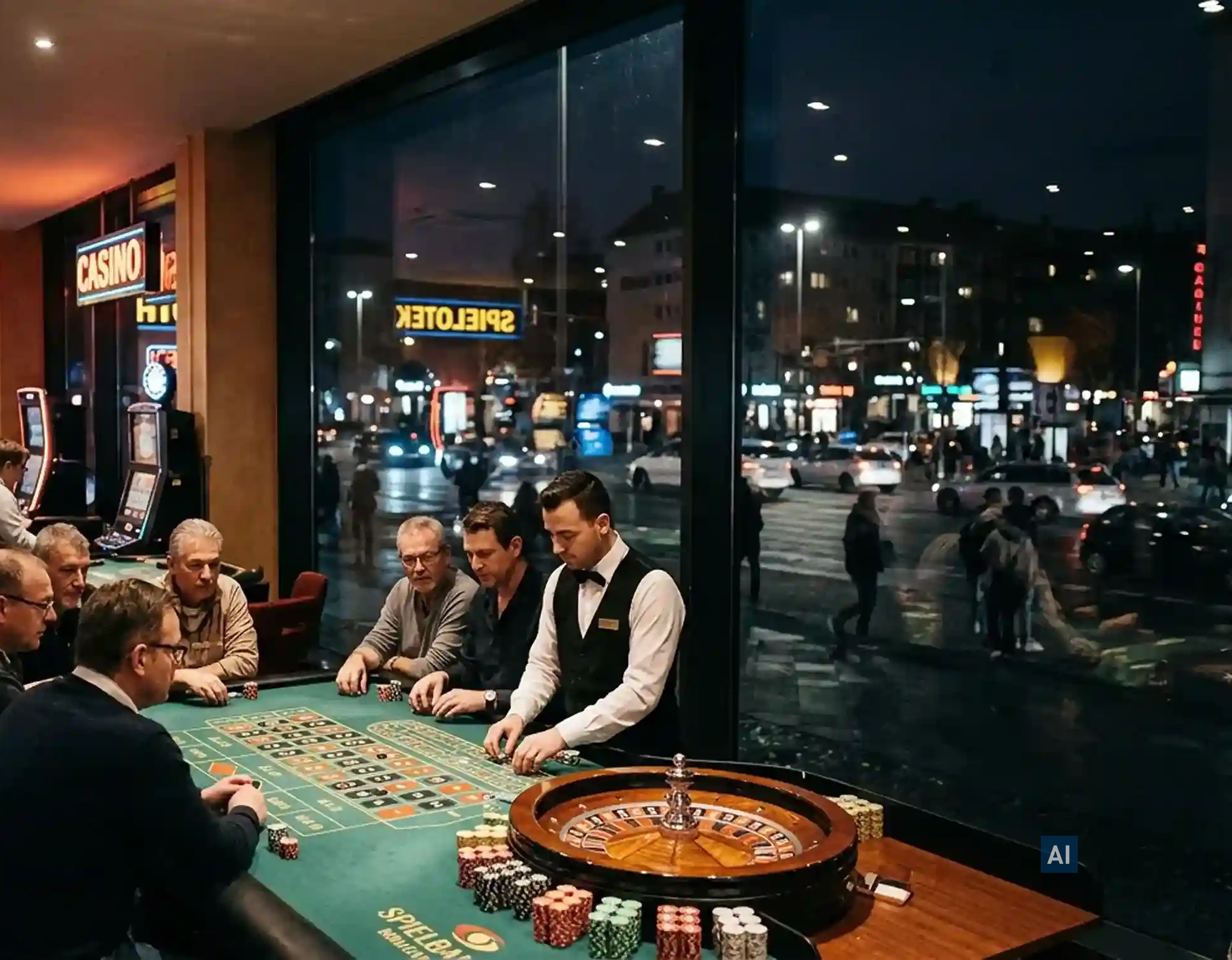 Casino bei Nacht mit Haverkamp Spionspiegelfolie Dunkel 7R SR auf der großen Fensterfront, die den Spielbereich vor Einblicken schützt.