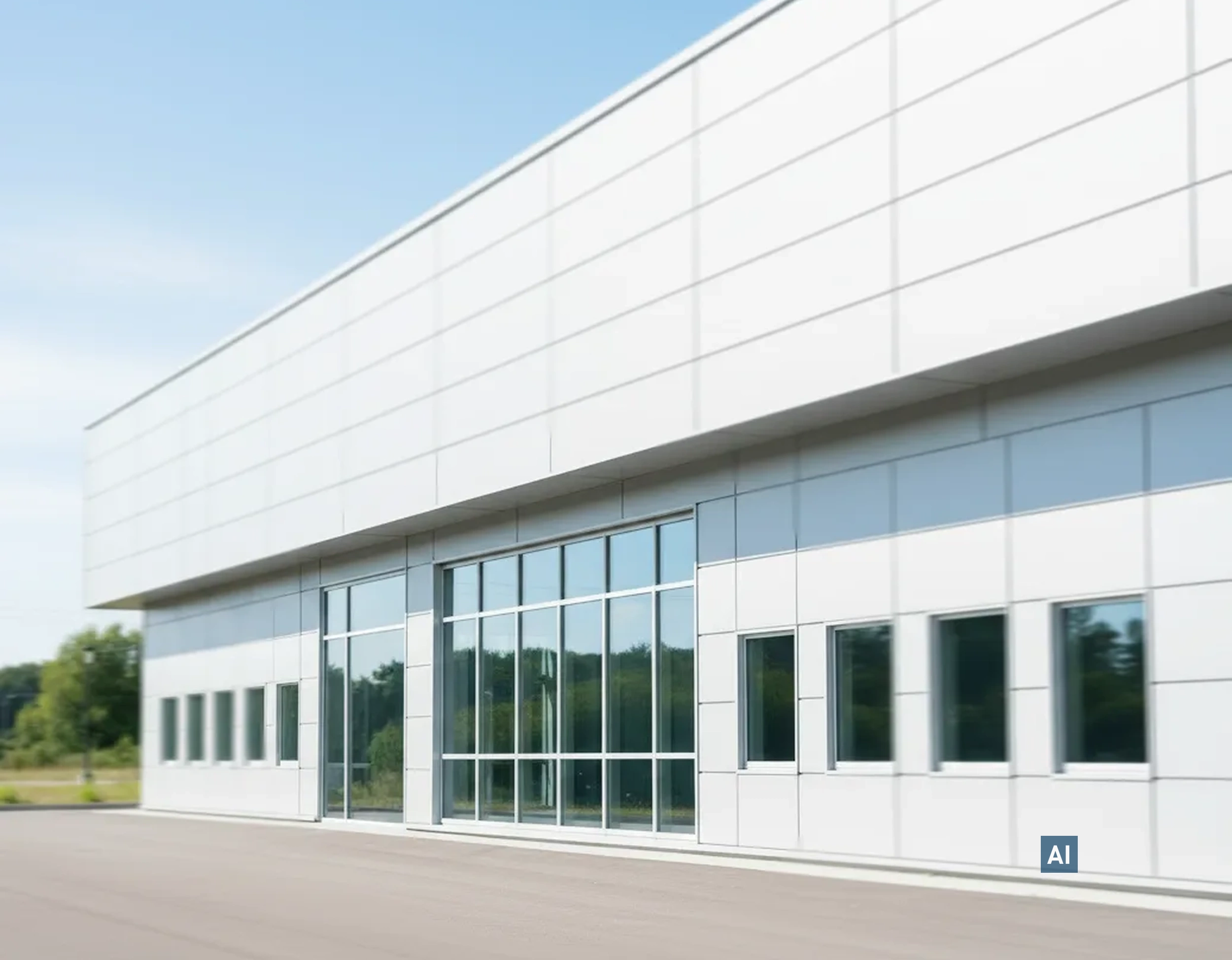 Industriehalle mit Glasfassade foliert mit Haverkamp safe 115µ SR Primus auf einem hellen Betriebsgelände. 
