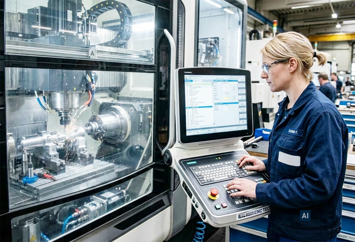 Arbeiterin bedient CNC-Maschine mit Haverkamp ClickFilm® Classic white als schaltbarem Schutzfenster.